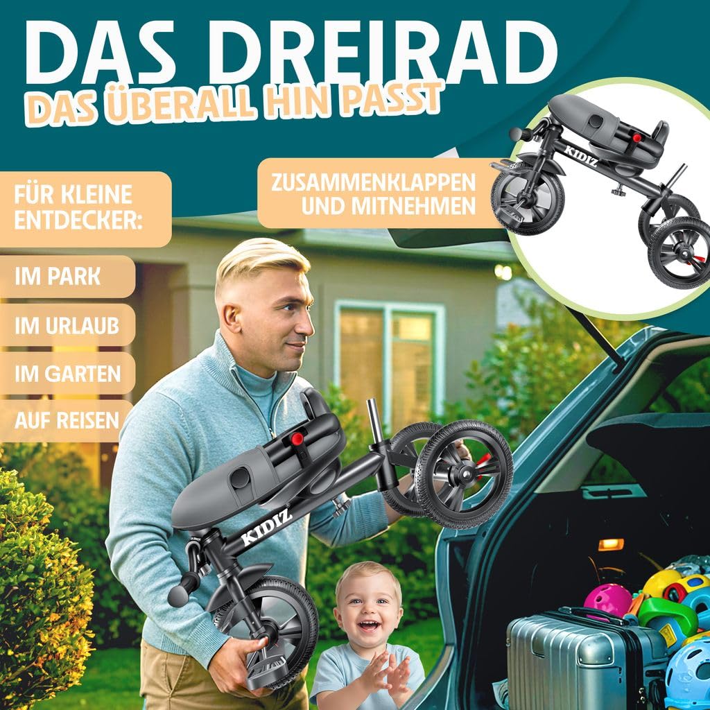 KIDIZ® Dreirad 6in1 Kinderdreirad mit Schubstange Lenkbar ab 9 Monaten bis 25Kg Jogger vorwärts & Rückwärtsfahrt, Korb Tasche Getränkehalter Sonnendach Gummiräder Buggy Fahrrad Baby Klappbar Schwarz