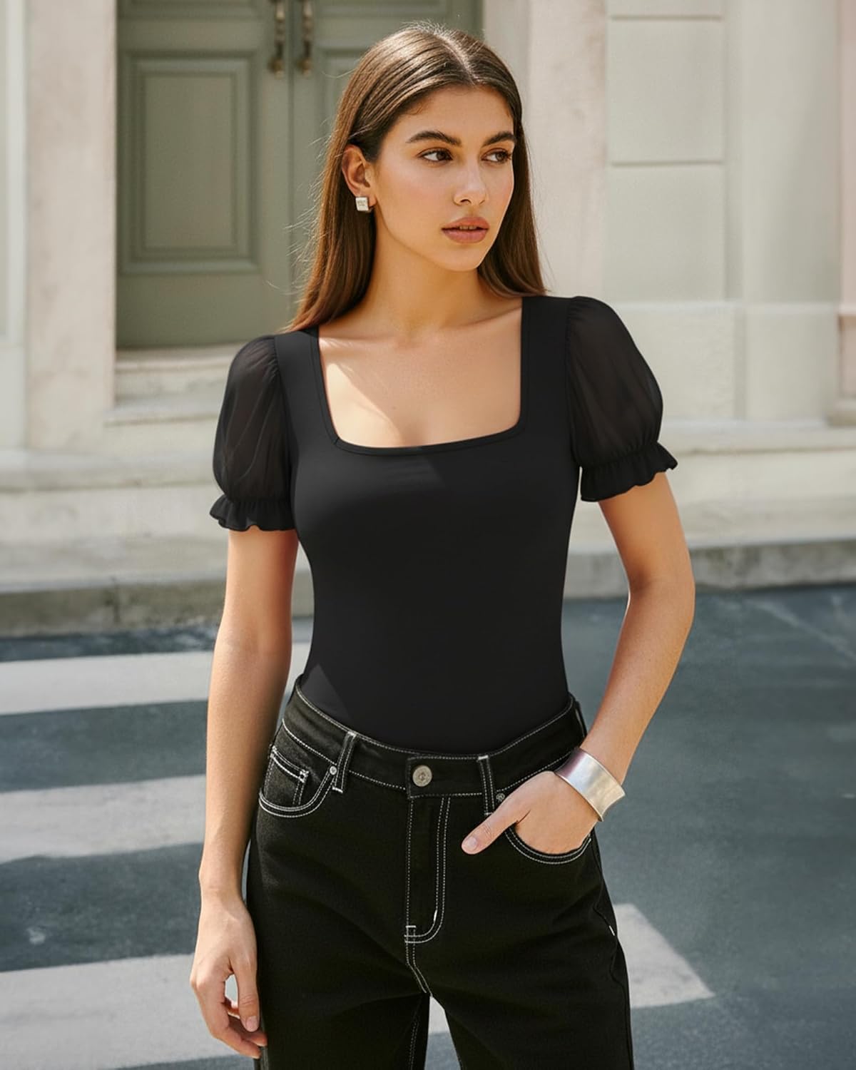 MANGOPOP Square Neck Long Sleeve Short Sleeve Bodysuit for Women Mesh Ruffle Sleeves Going Out Tops - Image 5