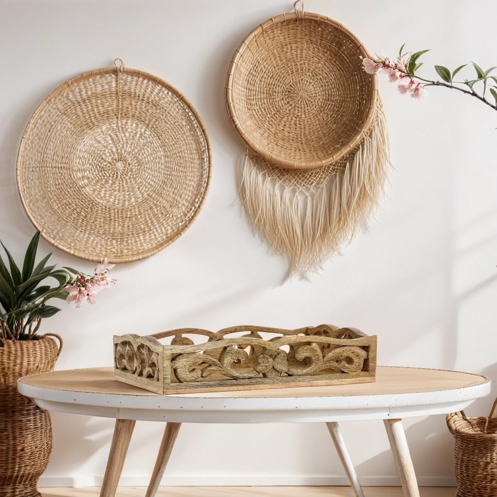 Marrakesch Boho dekoracyjna prostokątna drewniana taca do serwowania, 25 x 15 cm, brązowe drewno, 100% drewno, idealna do kuchni, salonu, dekoracji sypialni i śniadania w łóżku