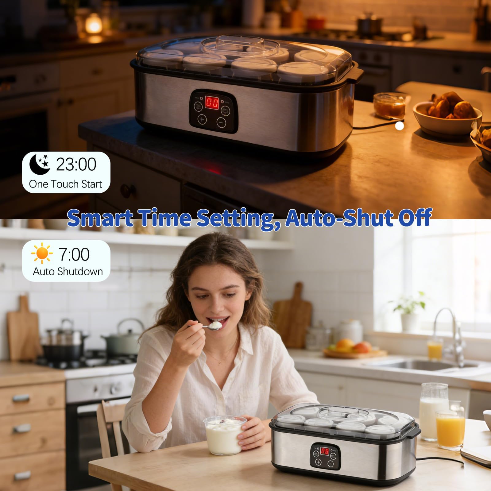 Yogurtiera Elettrica con 8 Vasetti in Vetro | timer regolabile e controllo preciso della temperatura per preparare yogurt biologico, natto e sani dessert fatti in casa