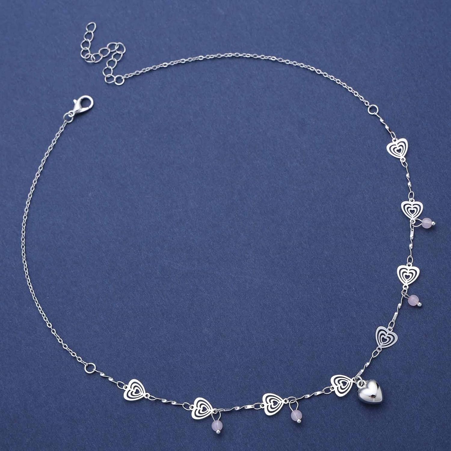 Boho Heart Pendant Necklace Silver Hollow Heart Bead Necklace Vintage Love Heart Choker Necklace Adjustable Puffy Heart Chain Necklace Jewelry for Women - Image 3