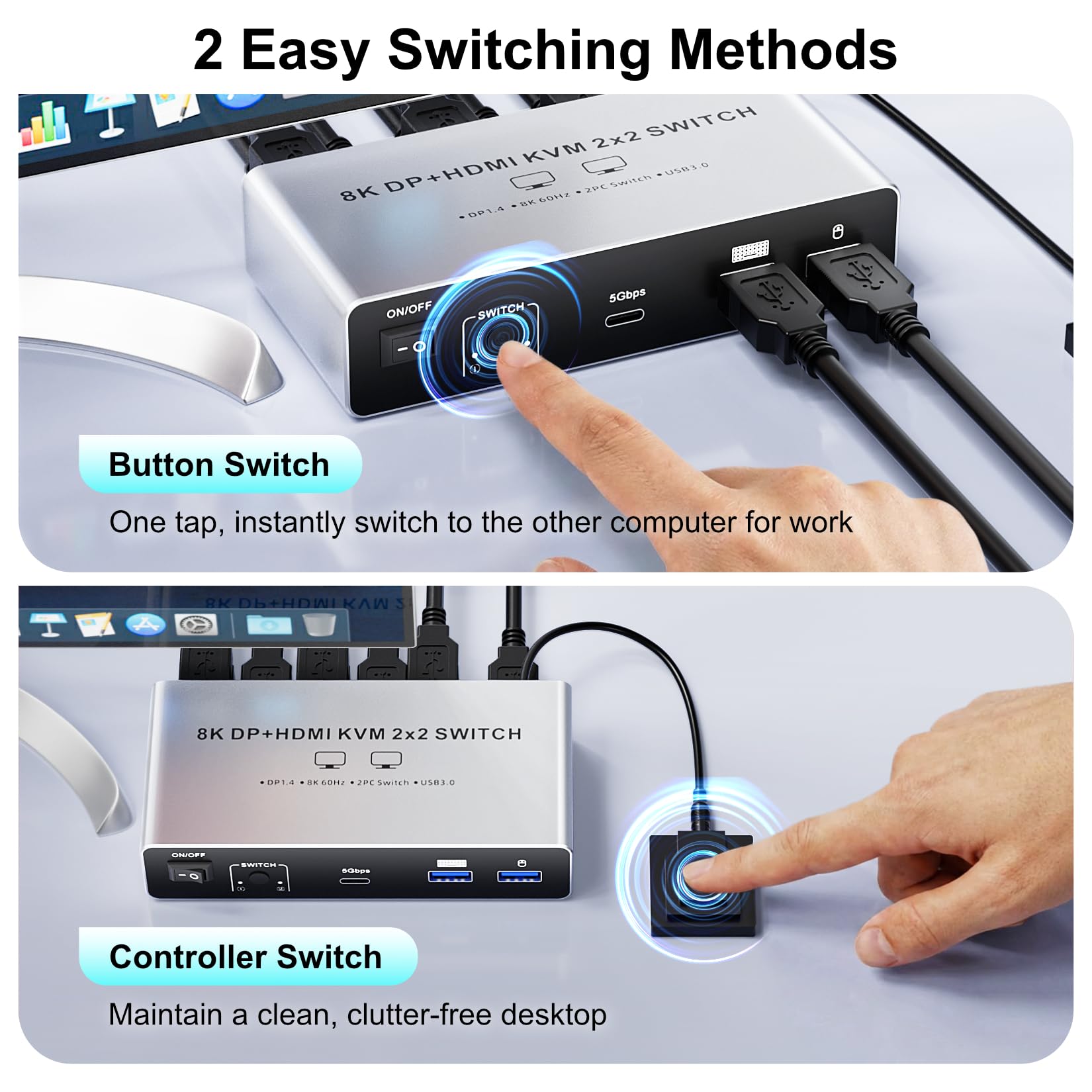 BolAAzuL Switch KVM HDMI+DP per 2 Monitor & 2 PC, 8K@60Hz 4K@120Hz HDMI 2.1 & DP1.4, Espandibile/Specchio Divide Tastiera/Mouse/USB 3.0, con Controller & 2 Cavi USB