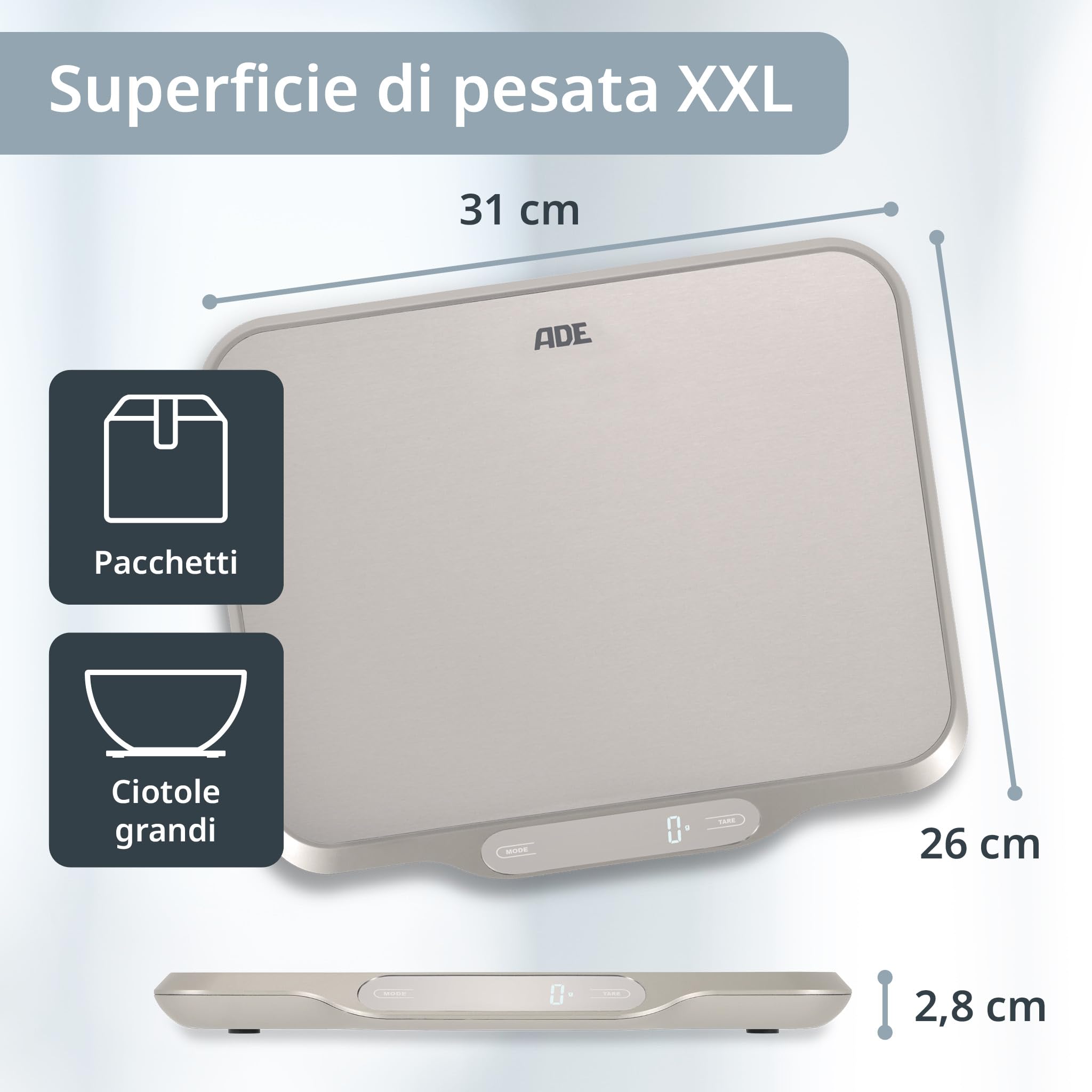 ADE Bilancia da cucina extra large digitale fino a 15 kg | Superficie di pesatura 26x31 cm | Bilancia per pacchi