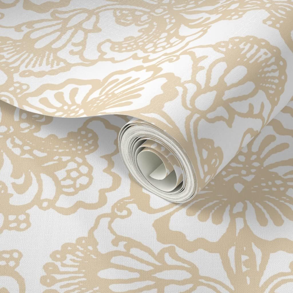 Peel & Stick Wallpaper 3ft x 2ft - Floral Damask Sweet Lace White Beige Tan Custom Removable Wallpaper by Spoonflower