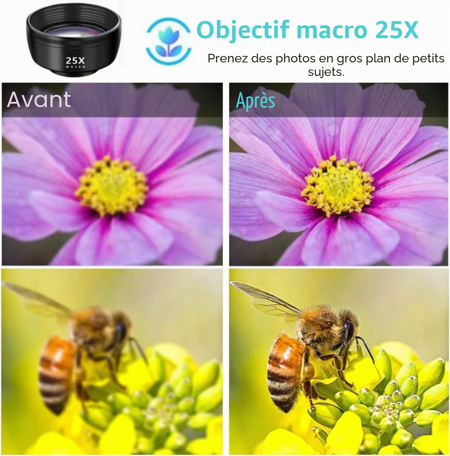 3 en 1 Objectif Telephone Portable, Kit Objectif pour iphone, 120° Grand Angle, 25x Macro, 210° Fisheye, Objectif Smartphone pour la Plupart des Smartphones