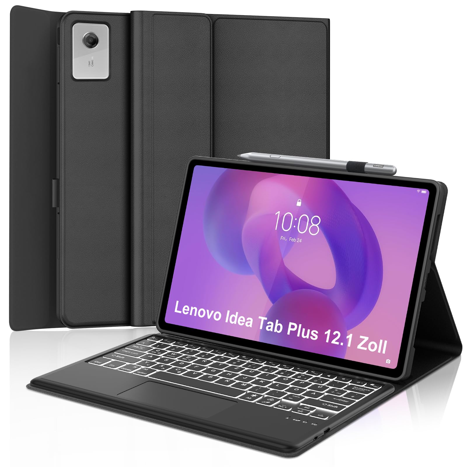 Tastatur für Lenovo Idea Tab Plus 12,1 Zoll TB361ZU/TB361FU, Schwarz | Hülle mit Tastatur für Lenovo Idea Tablet Plus 12.1" 2025 con Touchpad, Magnetisch Bluetooth Beleuchtung QWERTZ Keyboard