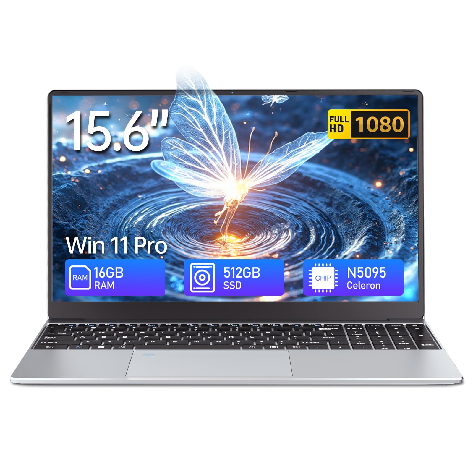 15,6" Notebook, Win 11 PC Portatile 16GB RAM 512GB SSD, Celeron N5095 CPU, 180° Opening and Closing Schermo, Laptop Digitale Tastiera Retroilluminata+Sblocco Impronta Digitale, Mini HDMI+USB 3.0
