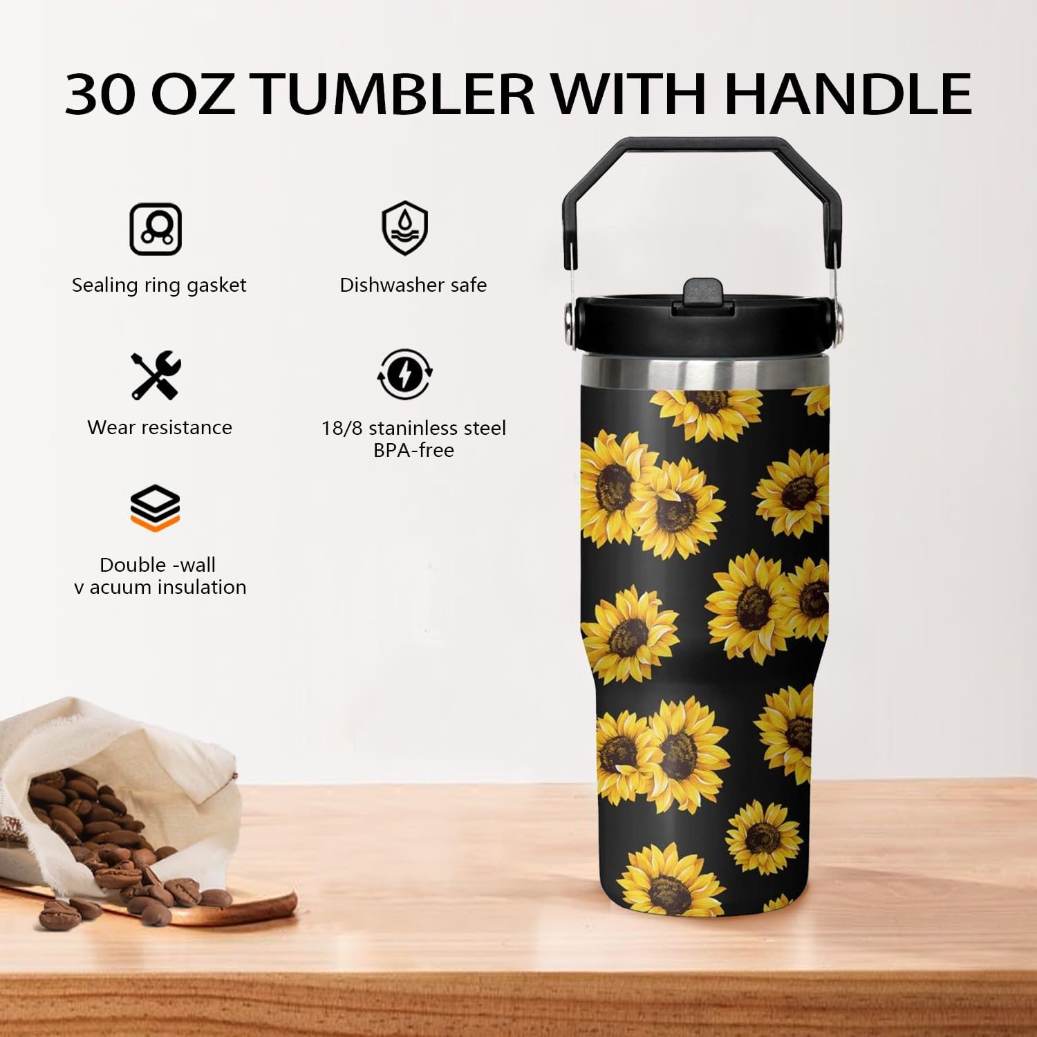 Sunflower 30 oz Stainless Steel Insulated Tumbler with Handle Lid and Straw, Leakproof Tumbler with Straw, Sunflower Decor - Image 3