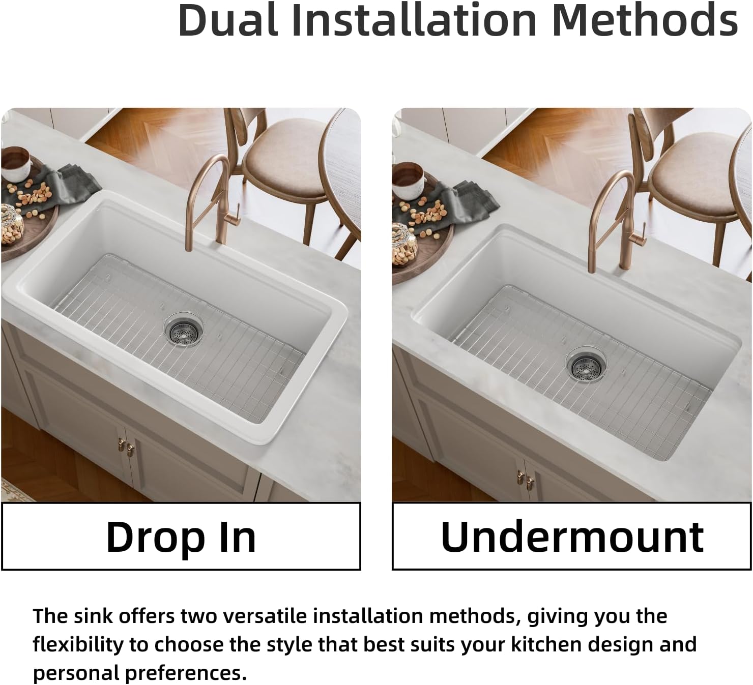 White Undermount Kitchen Sink 33 Inch, Los Flexi 33"L X 19"W Fireclay White Kitchen Workstation Sink, Drying Rack & Cutting Board Accessories Included, Dual Mount Installation