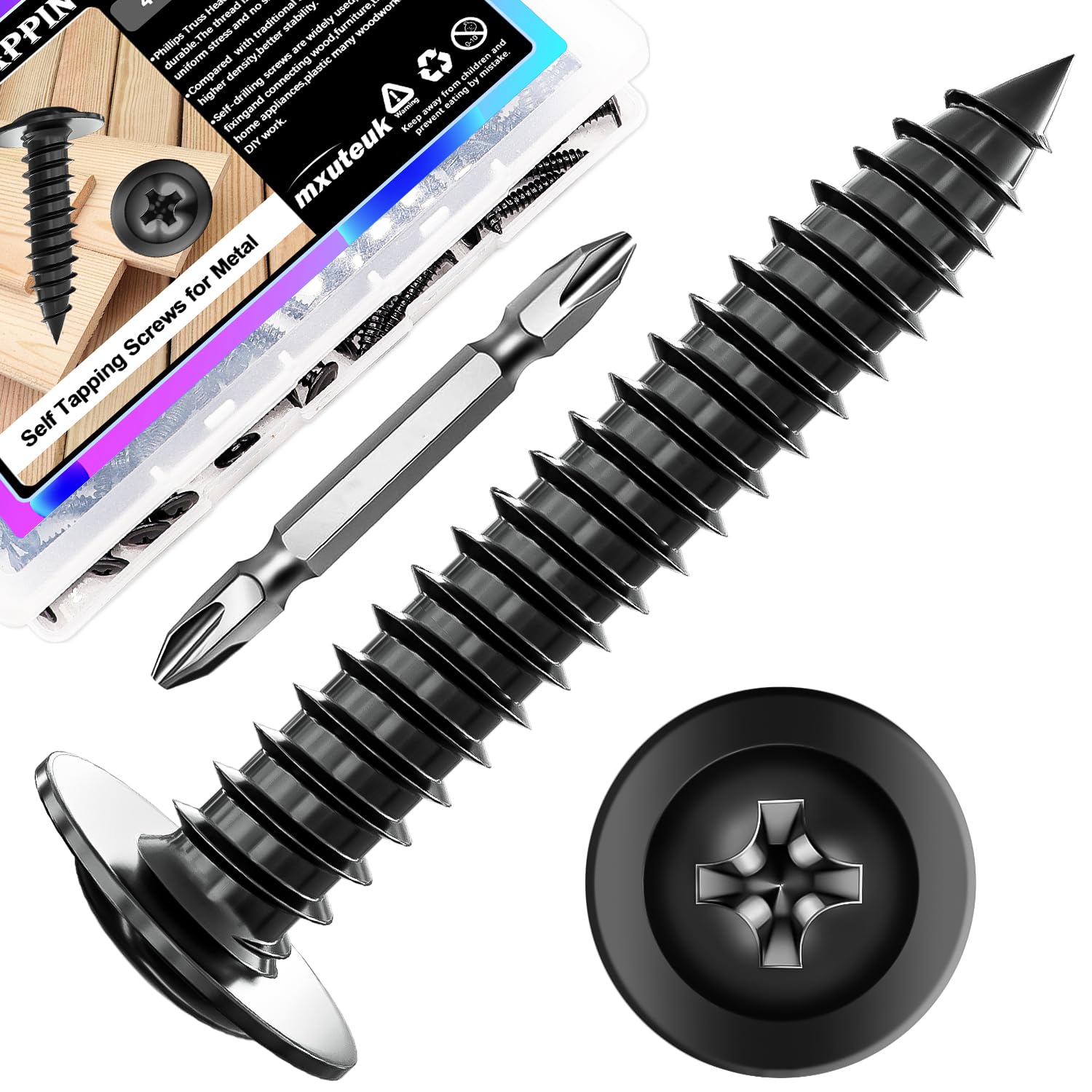 mxuteuk #8×1-1/2" Black Wood Screws,410 Stainless Steel Quick Metal Self Tapping Screws,Phillips Modified Truss Head Black Screws for Wood,Metal Wood