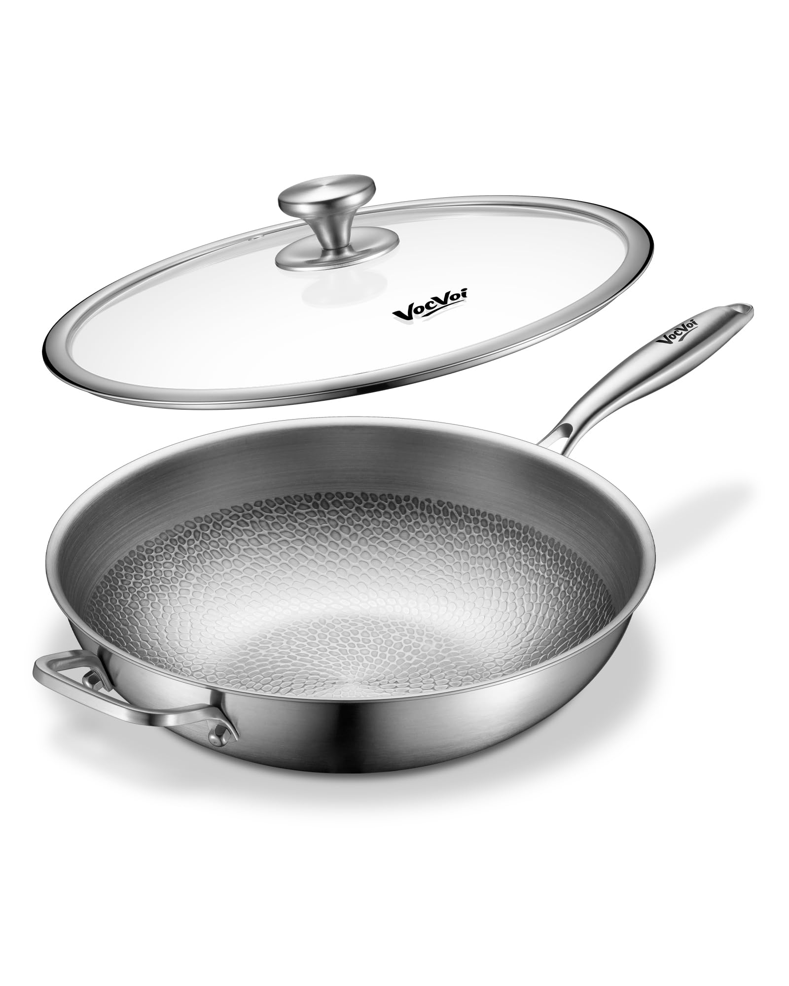 VocVoi Titanium Pans for Cooking,13 inch Uncoated Hammered Titanium Pro Non Stick Wok Pan with Lid,Induction & Oven-Safe,PFAS Free Cookware