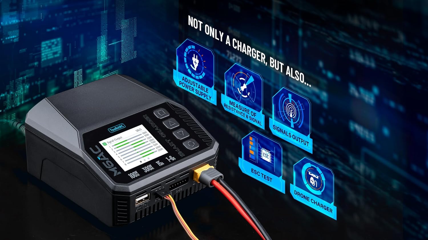 Toolkitrc M6AC charger displaying its multi-functionality including adjustable power supply, resistance/signal measurement, signal output, ESC test, and drone charging.