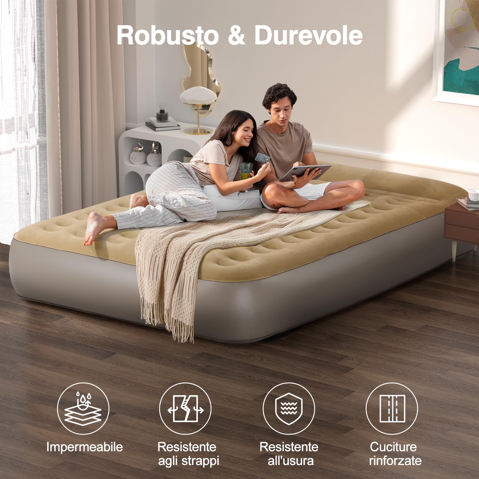 Lewondr Materasso Gonfiabile Matrimoniale con Pompa Integrata, 203x152x33CM Materasso Gonfiabile Durevole con Cuscino, Materasso ad Aria Veloce da 3 Minuti per Campeggio Casa Viaggio(250kg MAX), Cachi