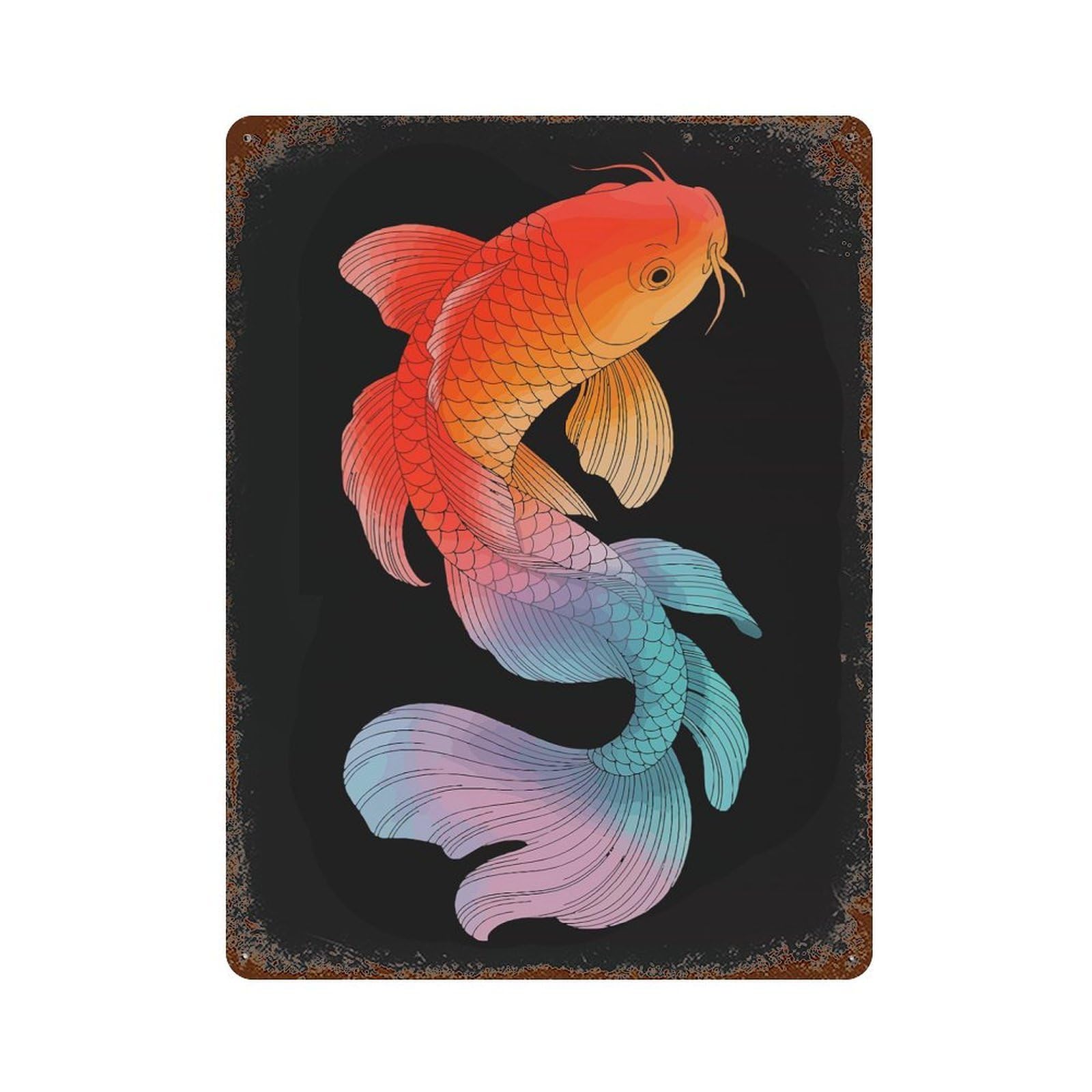 Vintage Rust Metal Sign with Colorful Koi Fish Illustration on Black Design 15.7"x11.8", for Shed, Workshop And Garage Wall Decor, Retro Wall Decor
