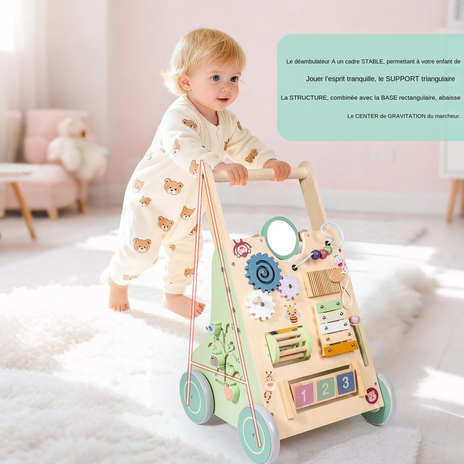 Rollator aus Holz für Kinder | Leises und sicheres Lernspielzeug – Lernwagen aus Holz für Kleinkinder, für den Innenbereich, Haus und Klassenzimmer, praktisch