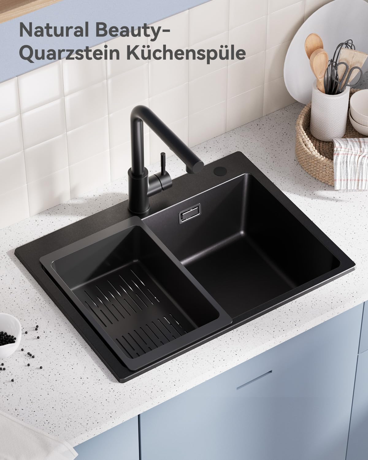 Lavello nero granito 60 x 45 cm, lavello nero, lavandino da cucina, grande lavello da cucina in granito, moderno lavello da incasso, rettangolare, singolo con 2 fori per rubinetto, 1 vasca