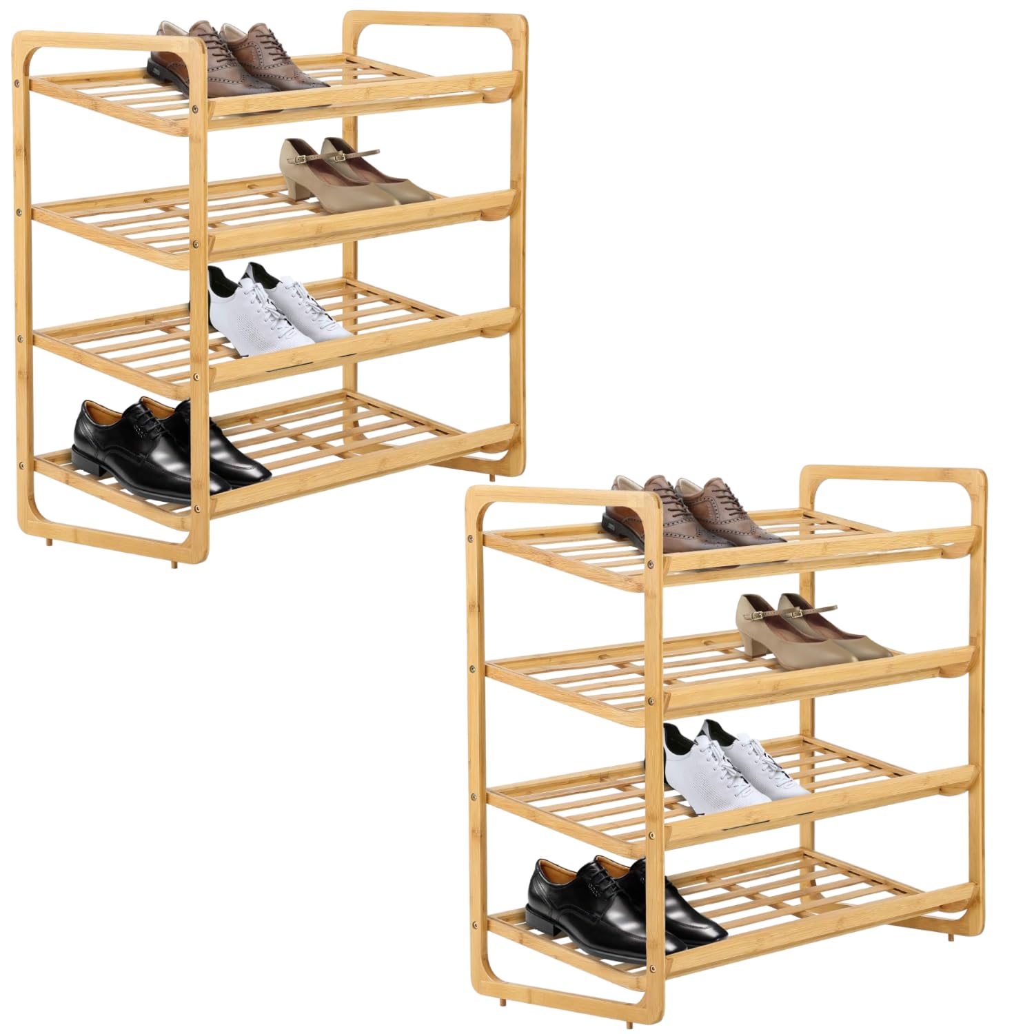 Bargain House - (4tier + 4tier = 8 Stackable Bamboo Shoe Rack - 100% Natural - Eco-friendly - Sturdy - Durable - Wooden Shoe Display Stand- Storage Organizer - Different Sizes - (Pack of 2)