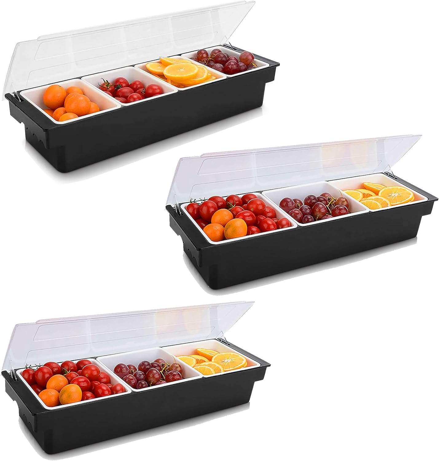 WICHEMI Fruit, Veggie & Condiment Caddy with Lid Dispenser Tray Garnish Station for Bartending & Serving Taco, Ice Cream, Salad Bar (3 Pack, 3 Compartment x2, 4 Compartment x1)
