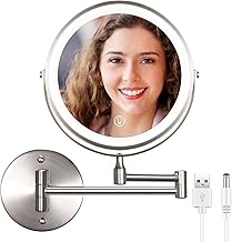 Rechargeable Lighted Wall Mounted Makeup Mirror 8 Inch 1X 10X Magnifying Double Sided Mirror, Touch Dimmable 3 Color LED Lights Vanity Mirror, Extendable 360° Swivel Bathroom Mirror, Brushed Nickel