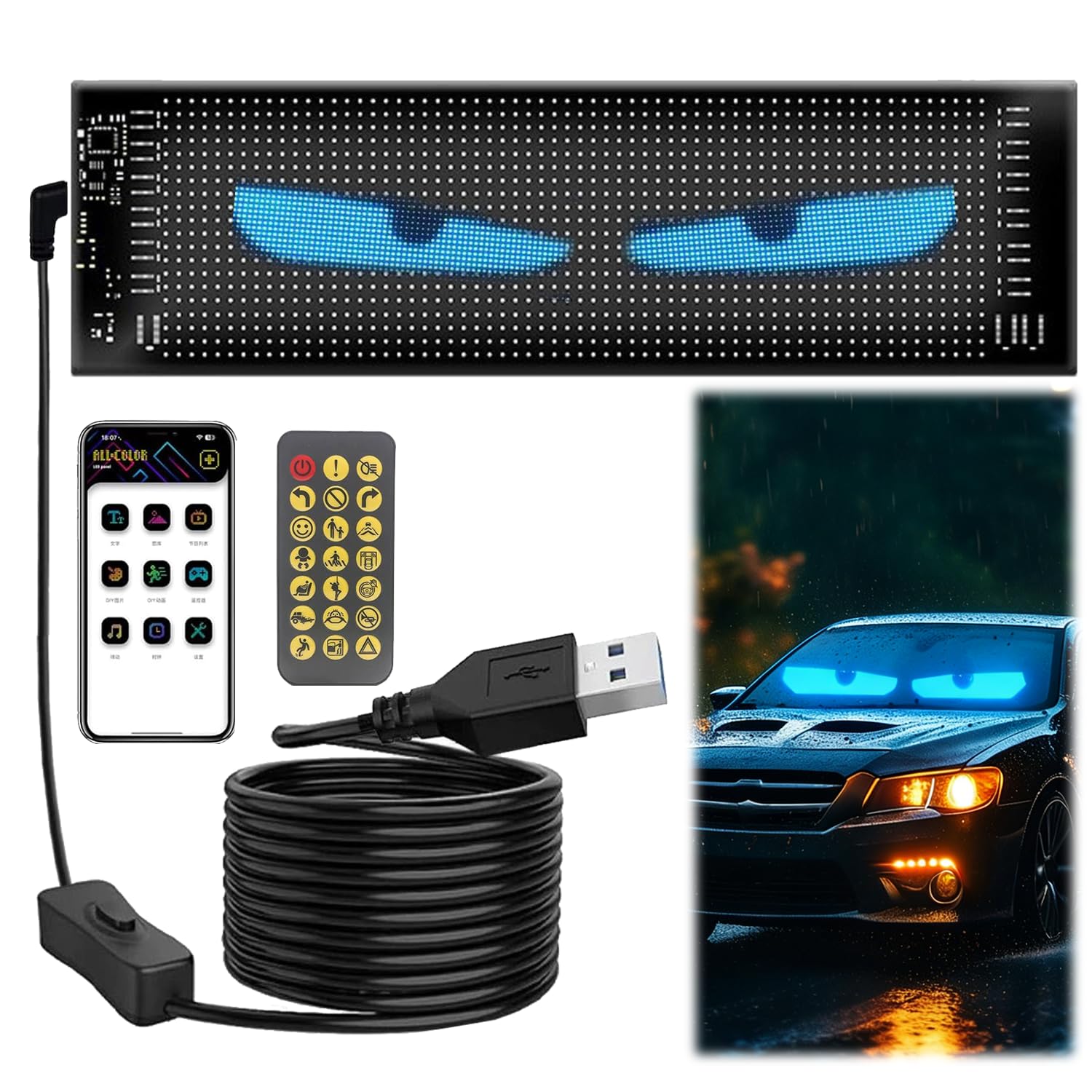Lengsuaa Crimson Devil Eyes Light Car Sign, Full Color Huge Bright Scrolling Led Light Sign For Trucks Window, Programmable Personalised Led Name Sign, Diy Dynamic App Control Led Big Eye Lights For Windshield