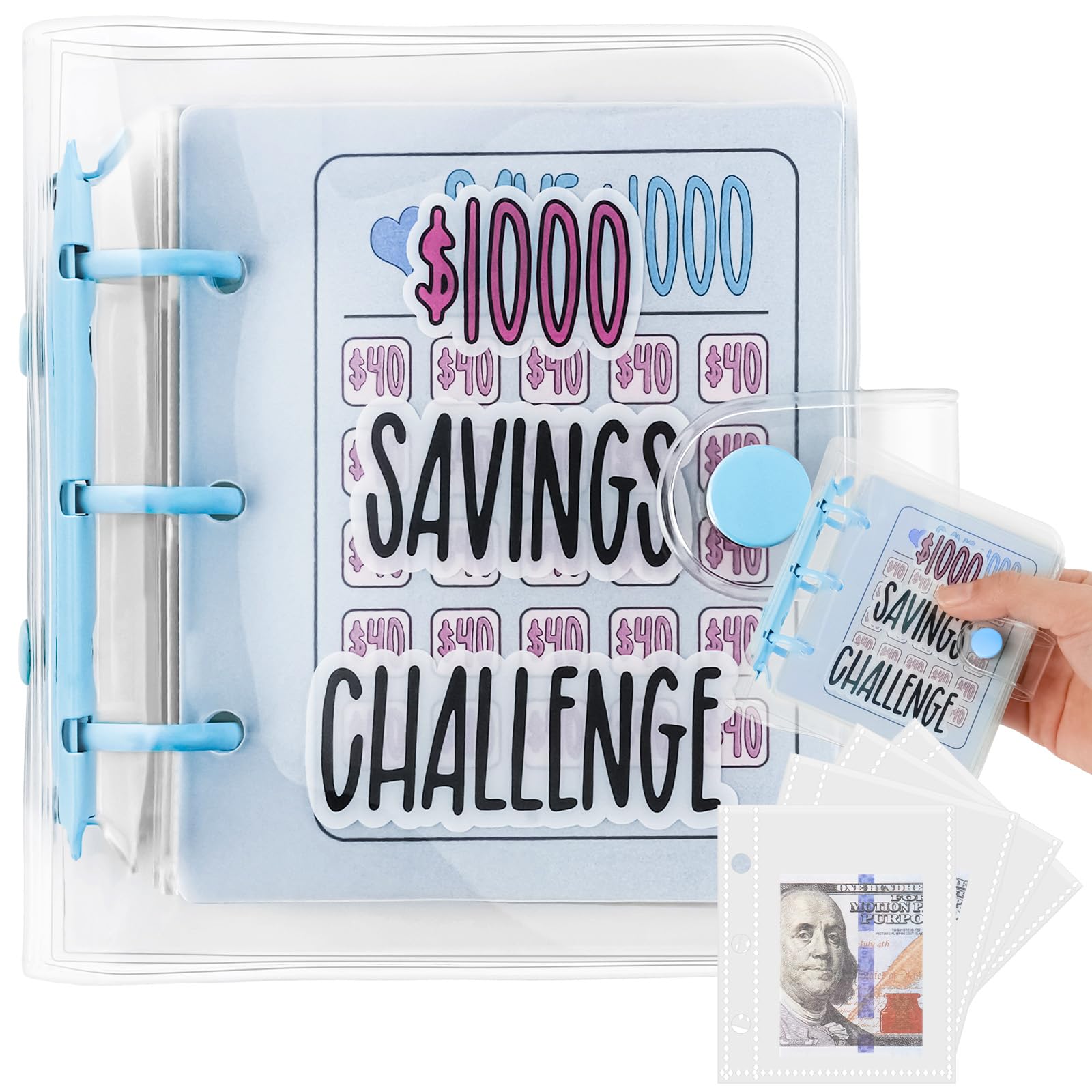 OFFCUPMini Savings Challenge Binder, 25 Envelope Money Saving Wallet, Easy and Fun Way to Save $1000 Budget Book, Cash Envelope Challenge (Blue)