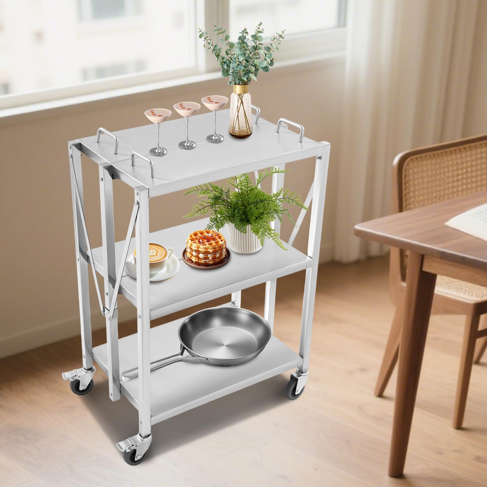 Carro de servir con ruedas, 3 niveles plegable de acero inoxidable, mesa giratoria de metal resistente, carrito de cocina con encimera y asas de acero inoxidable, ideal para restaurante, cocina y