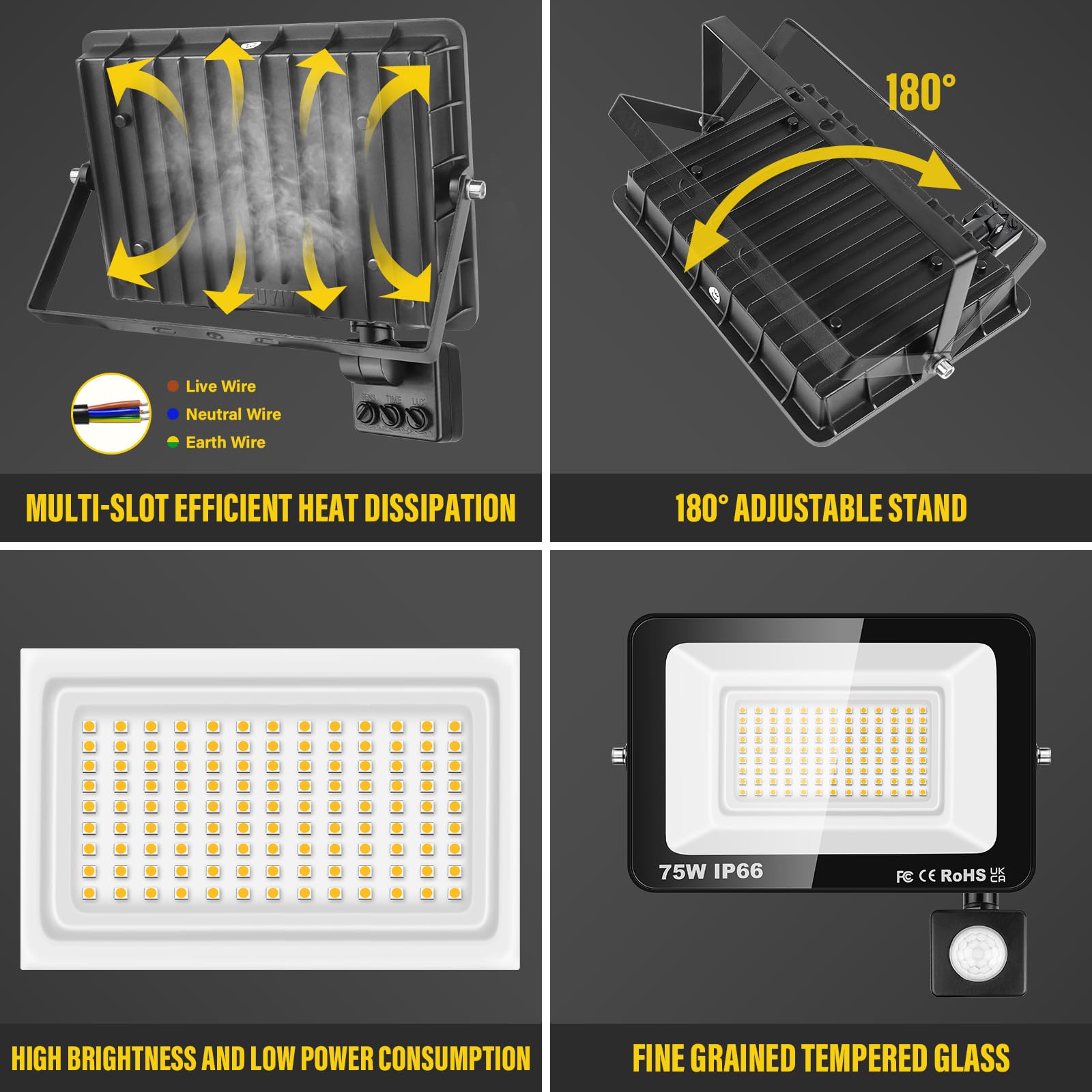 RIGIDON 2x 75W 7500lm faretto con pir sensore di movimento, proiettori led | senza spina, 3000K bianco caldo, fari di Sicurezza, luci esterno per giardino garage patio terrazza cortile, impermeabile