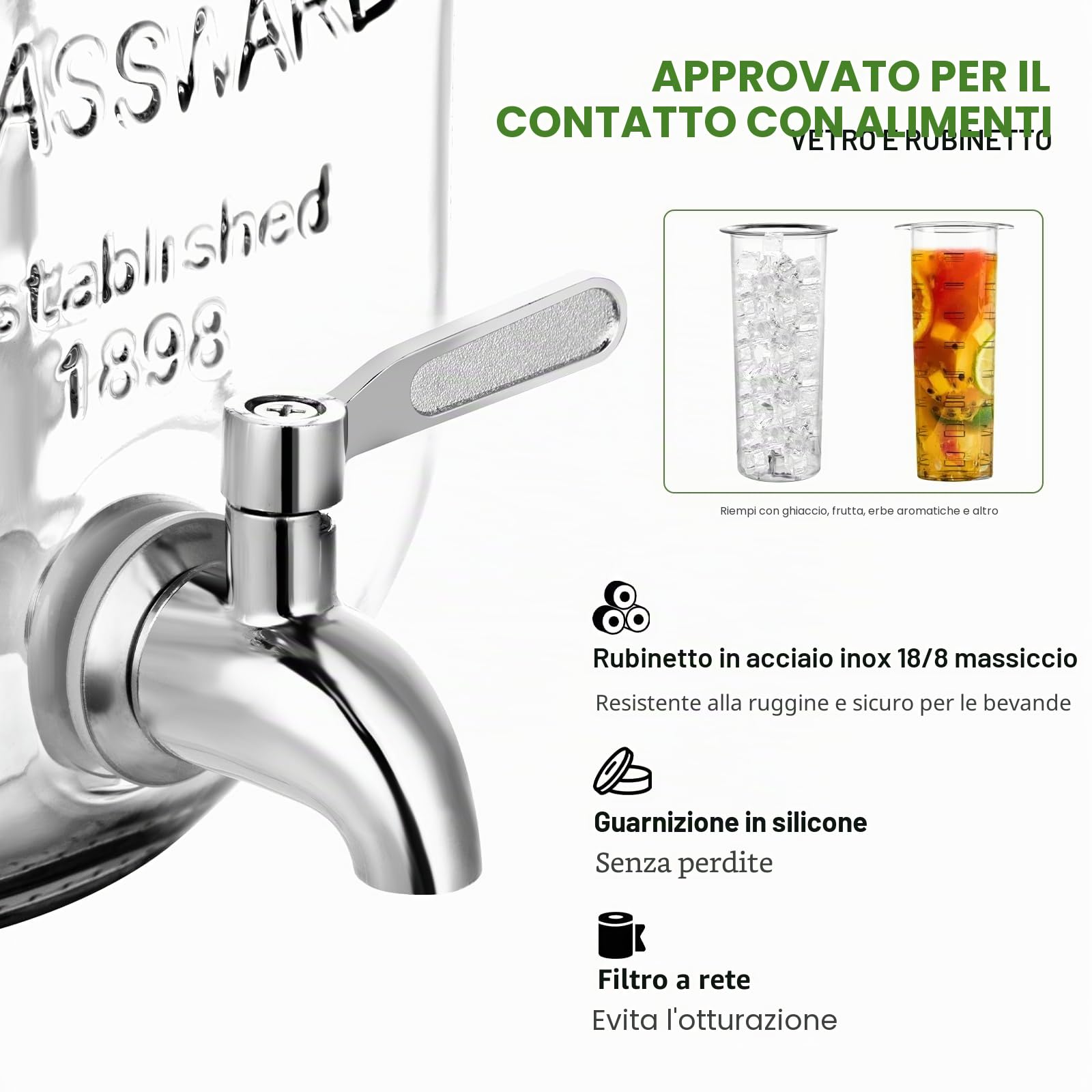 Dispenser per bevande in vetro con supporto, dispenser per bevande da 3,8 l per feste con portabicchiere, include un infusore per ghiaccio e frutta, un rubinetto in acciaio inossidabile 18/8