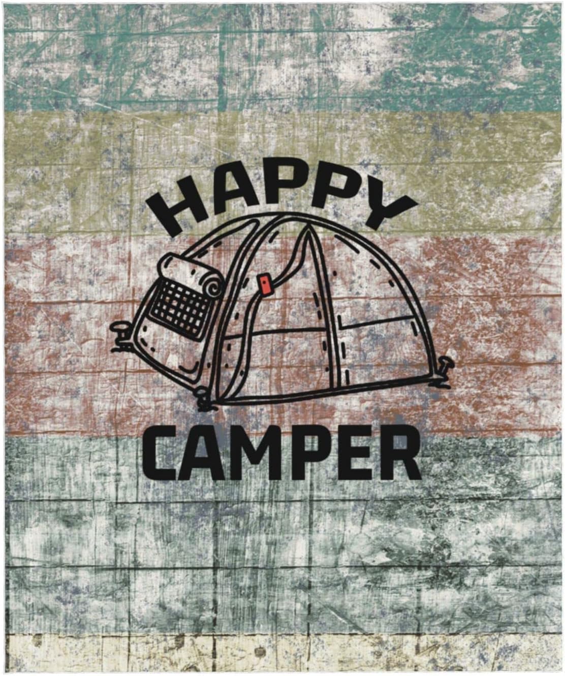 Happy Camper Throw Blanket, Soft Vintage Wooden Door Style Home Blanket Throw , Keep Warm Blankets for Bedroom Living Rooms Sofa Couch, 80x60 inch