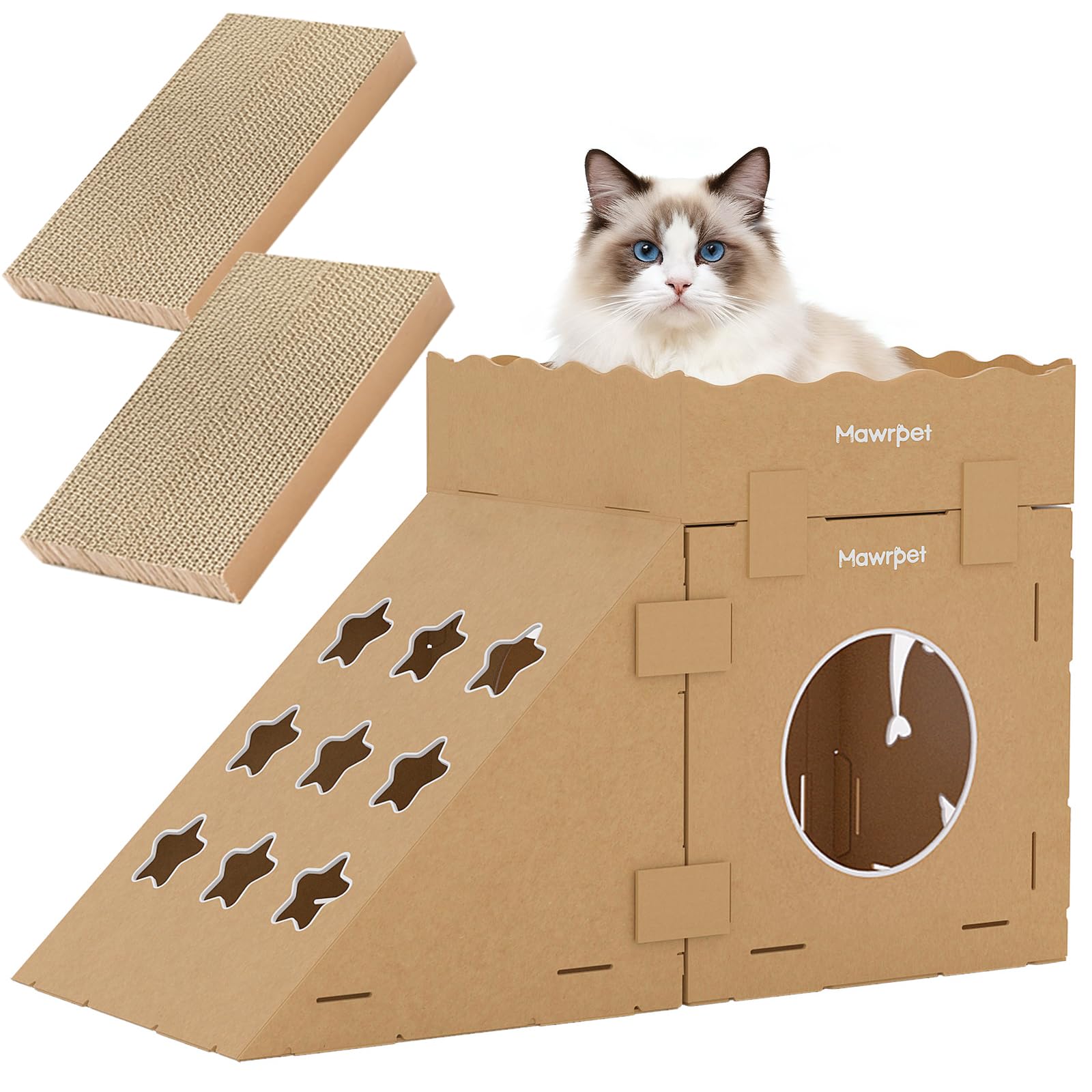 DIY Cardboard Cat House with Scratching Pad, Cat Tower Indoor Play House, Versatile Cardboard Cat Tunnel Box for One or More Pets, Indoor Use Rabbit Hideout Cave Castle Brown, 3 Parts