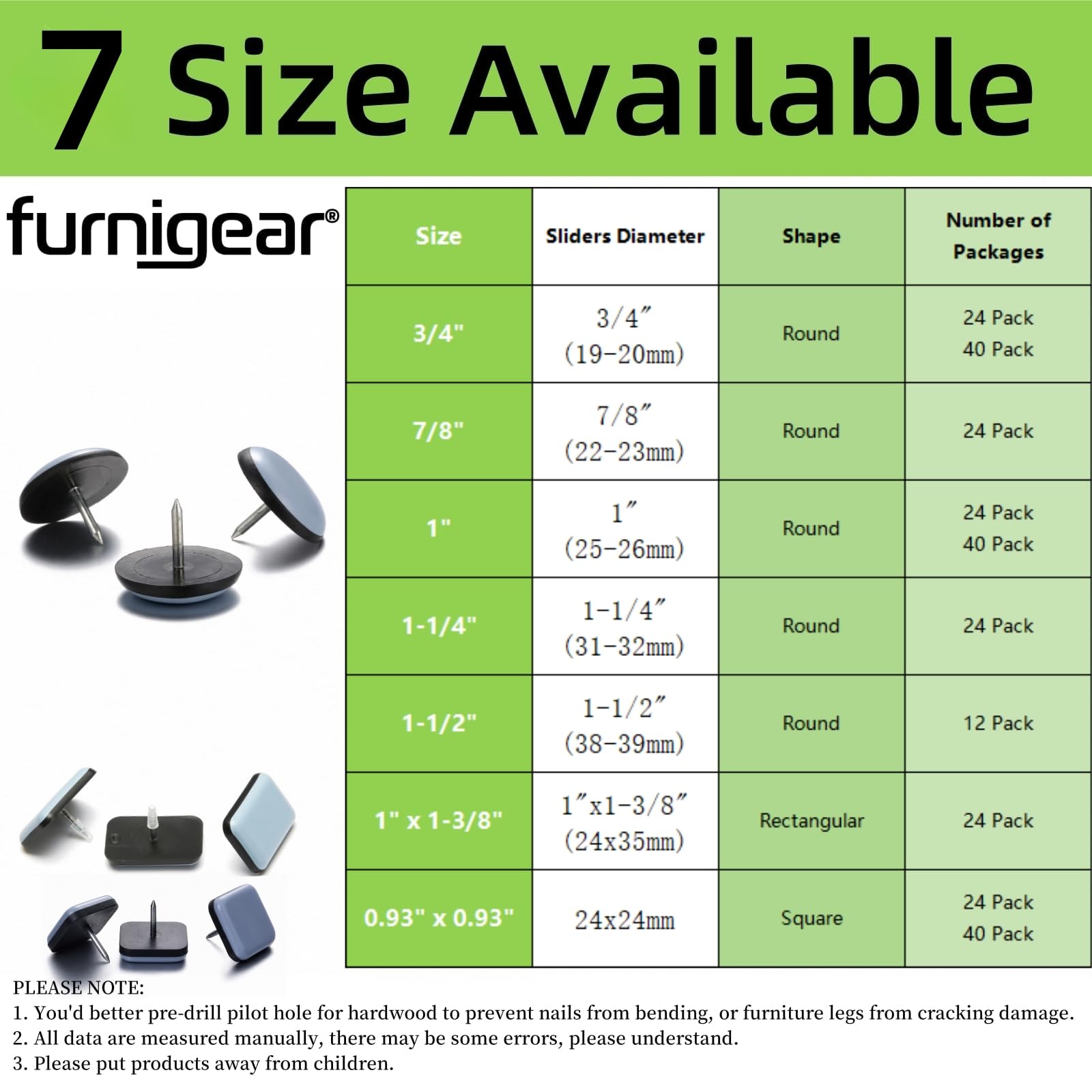 Furnigear Möbelgleiter zum Nageln auf Möbeln, 2,5 cm, 24 Stück, robuste PTFE-Stuhlgleiter aus PTFE (Teflon), Möbelgleiter, bewegen Sie Ihre Möbel einfach und sicher, Stuhlbein-Bodenschoner