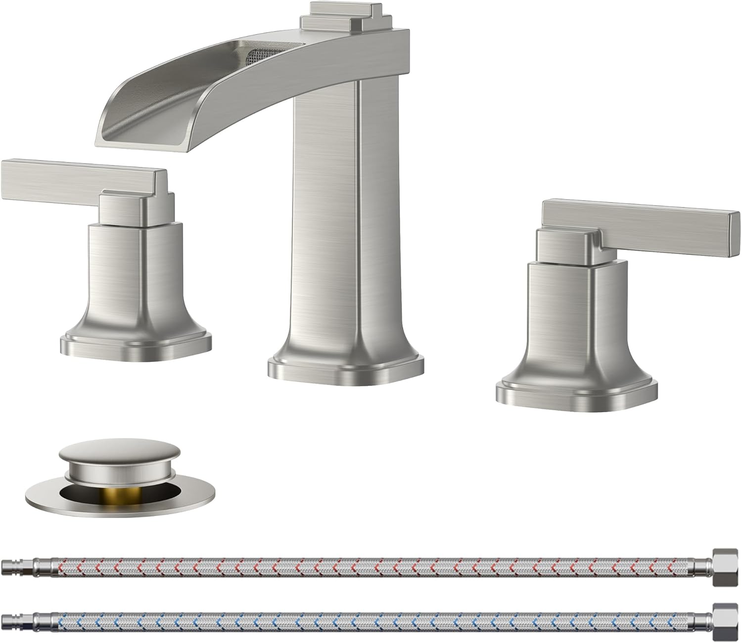 FORIOUS Brass Bathroom Faucets 3 Hole, Modern Waterfall Widespread 8 Inch Brushed Nickel Bathroom Sink Faucet with Metal Pop-up Drain and Pre-Assembled Hose for Vanity, Restroom, Bathtub