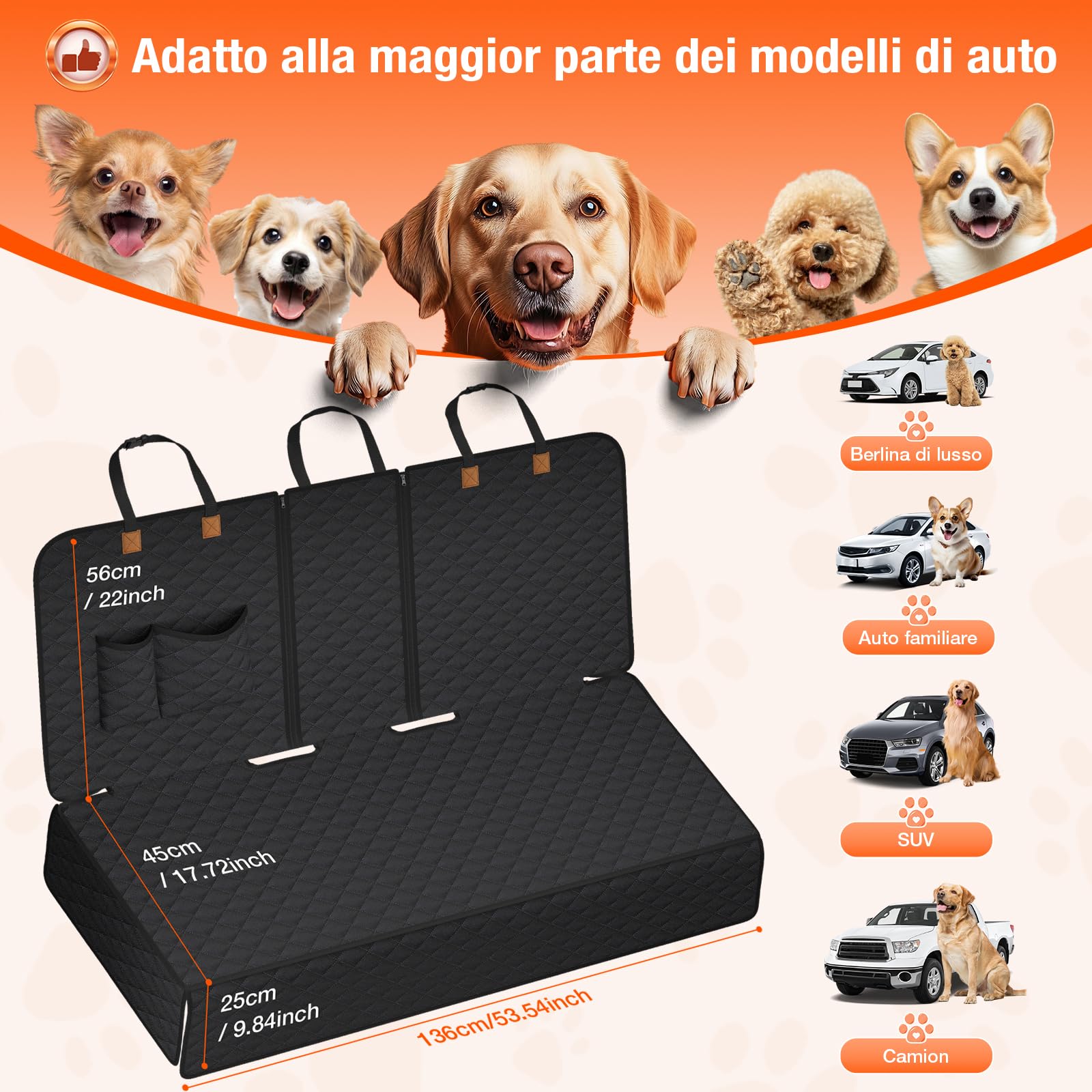 Coprisedile Auto per Aani Sedile Posteriore Dell'Auto, Antiscivolo, Impermeabile, 136 x 45 cm, Antigraffio, con Isofix, Compatibile con La Maggior Parte Delle Auto, SUV e Camion (Nero)