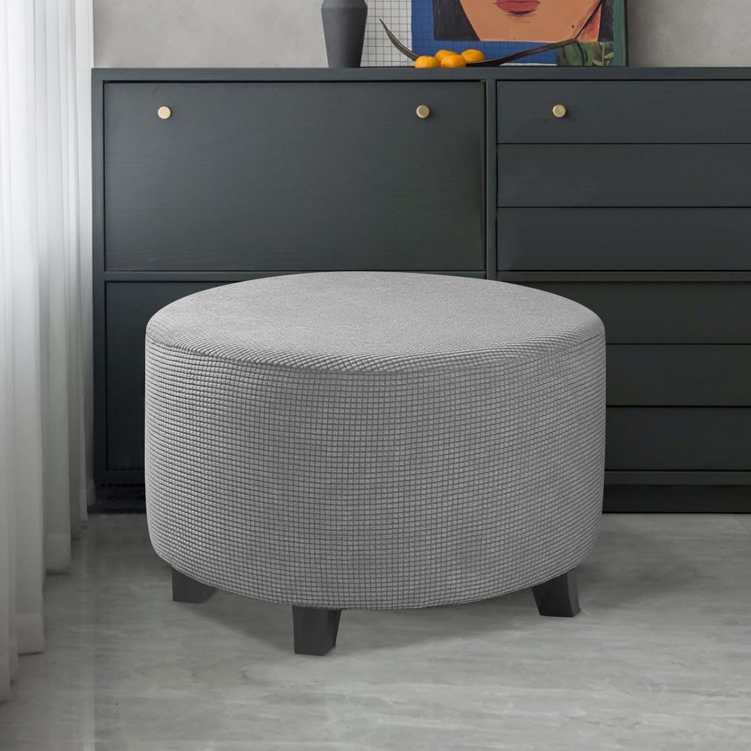 Runde Ottoman Bezug, Elastische Polsterhocker Abdeckung, Anpassbarer Pouf Bezug aus Flauschigem Stoff, Umweltfreundlich, Für Kinder & Haustiere Sicher(Hellgrau, Large)