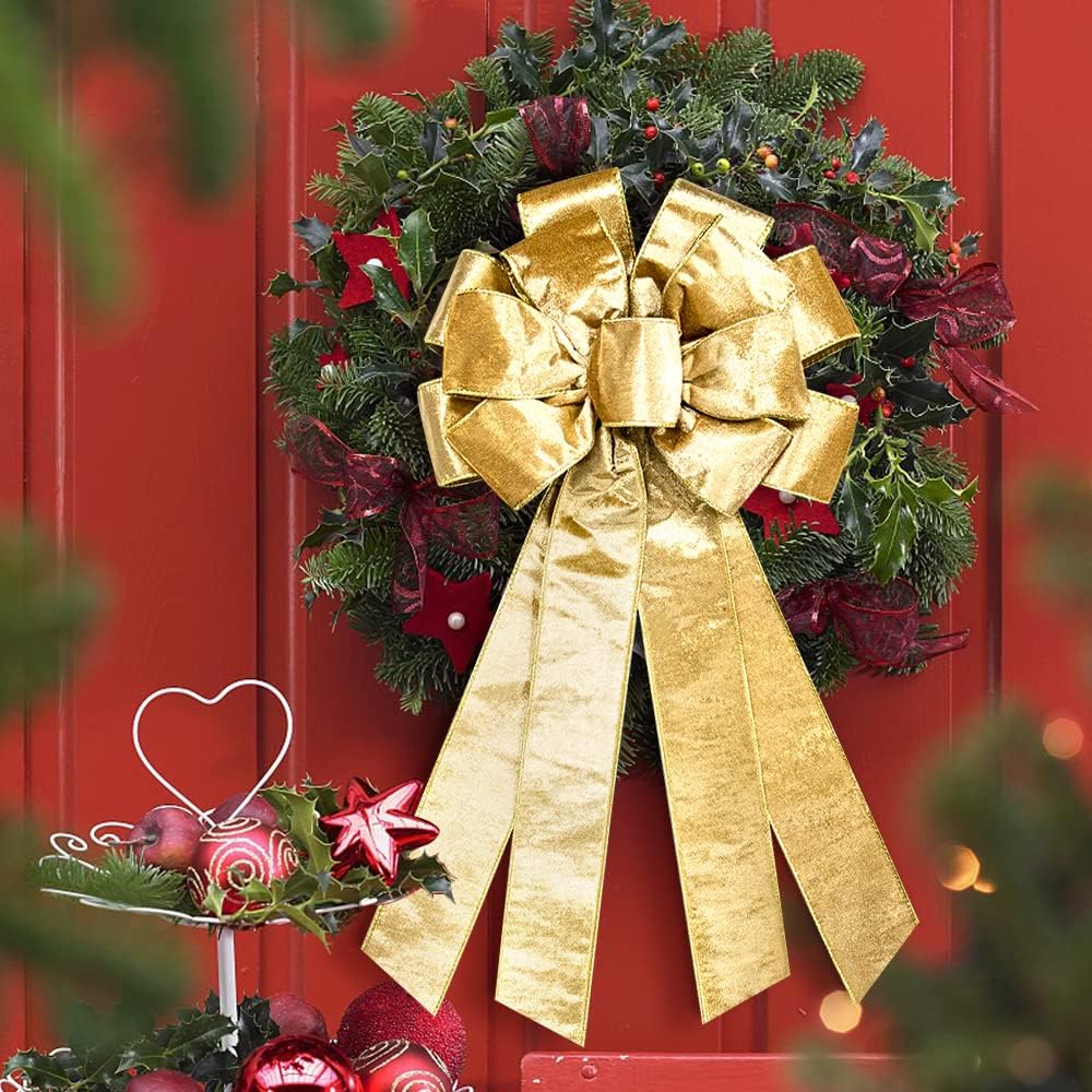 On-Airstore Large Christmas Wreath Bows, Christmas Brown Gold Glitter Ribbon Bows for Wreaths, Large Tree Topper Bows for Christmas Home Garden Indoor Outdoor Party Decoration Wreath Ornament Supplies image 4