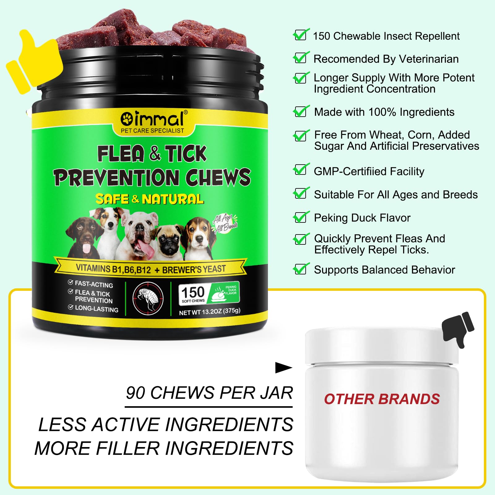 Comprimidos para la prevención de pulgas y garrapatas para perros, 150 piezas Suplemento de control de pulgas y garrapatas para perros - Pastillas orales suaves para pulgas para perros - Tratamiento