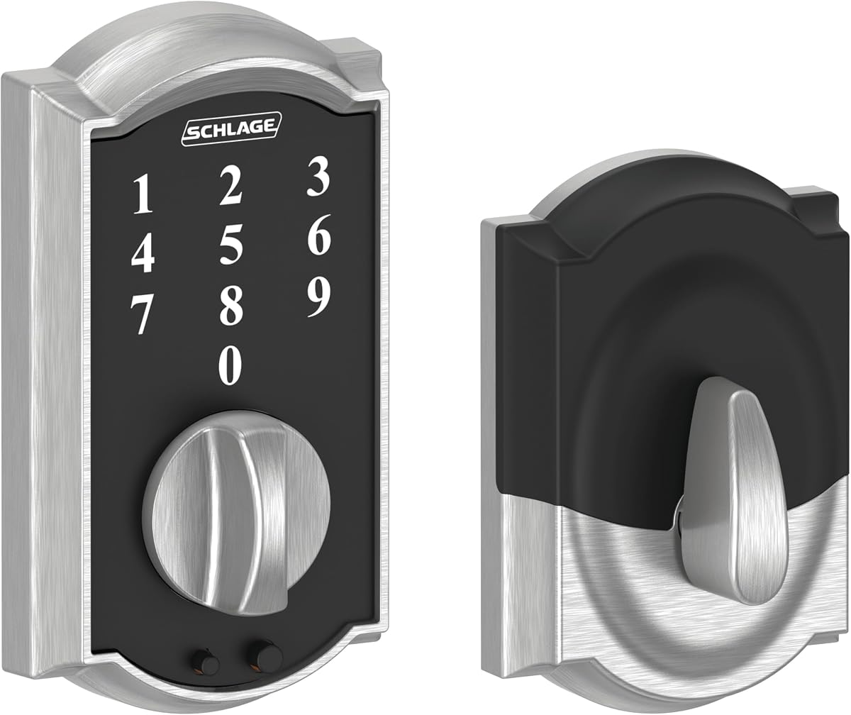 Cerradura electrónica con cerrojo Schlage Touch con borde Camelot, cromo satinado | Cerradura de puerta de entrada sin llave, Cerrojo con teclado electrónico con pantalla táctil, 100% sin llave, Seguridad certificada, Fácil instalación, BE375
