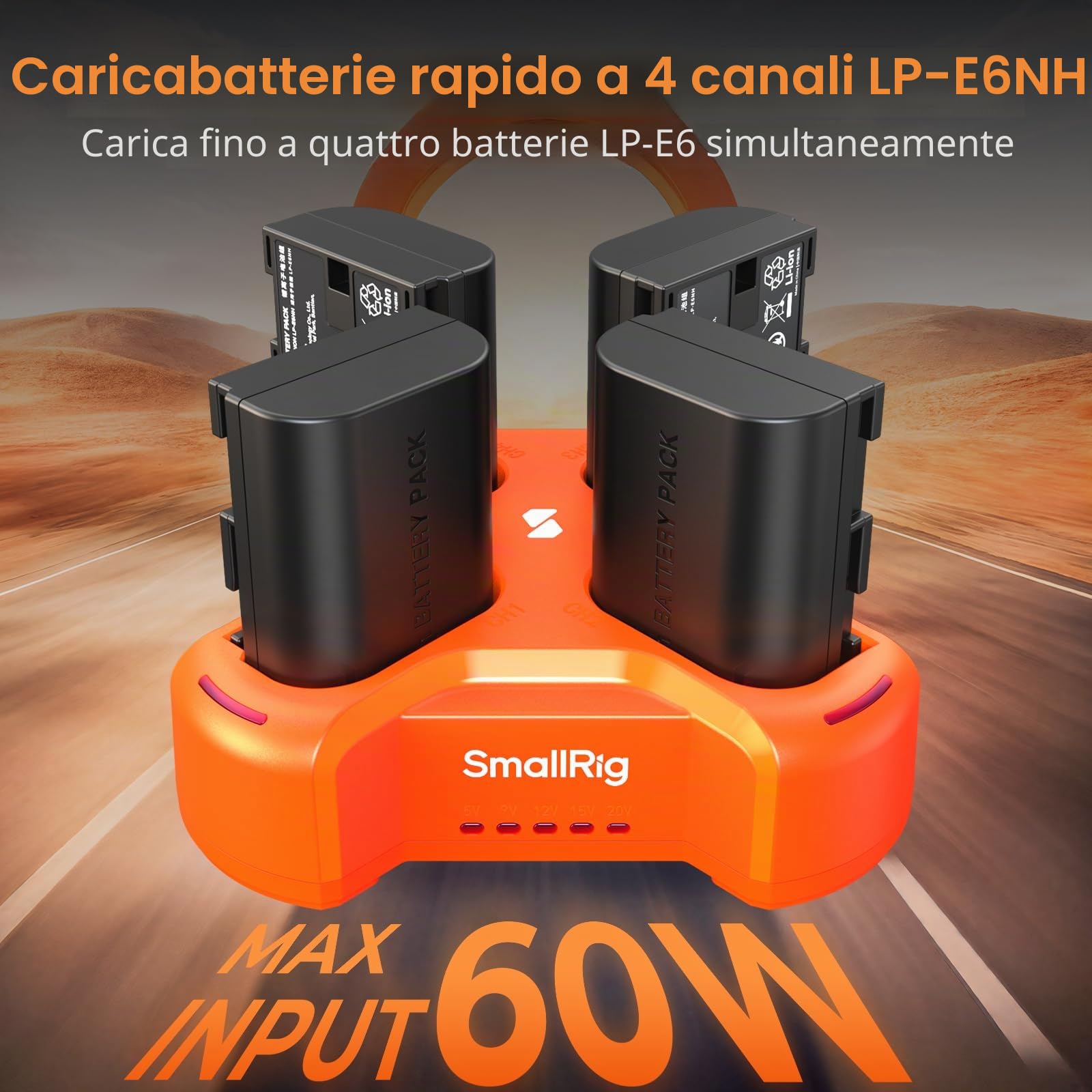 SMALLRIG LP-E6NH Caricabatterie per Fotocamera a 4 Canali, con Ricarica Rapida da 60 W, Display LED, Caricabatterie per Fotocamera Compatto a 4 Canali per Canon LP-E6NH Batteria, Arancia - 4838