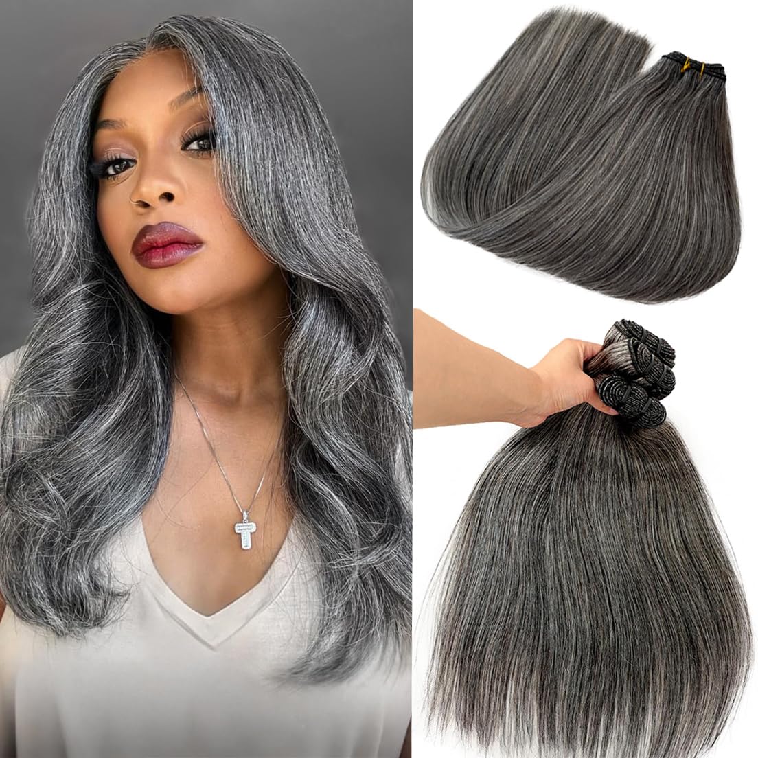 Smartinnov Natural Grey White Human Hair Bundles 12 Inch Salt and Pepper Sew in Hair Extensions Gray Silky Straight 80G Grey Highlight Double Weft 100% Unprocessed Virgin Human Hair Weave Extension
