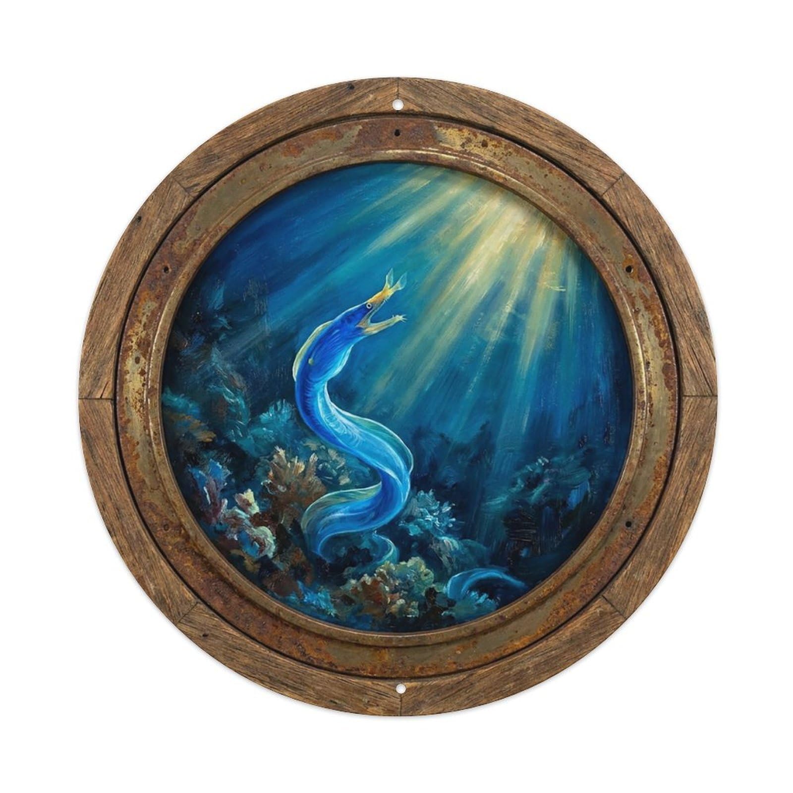 Vintage Porthole Ribbon Eel Blue Ship Window Under Deep Metal Tin Sign