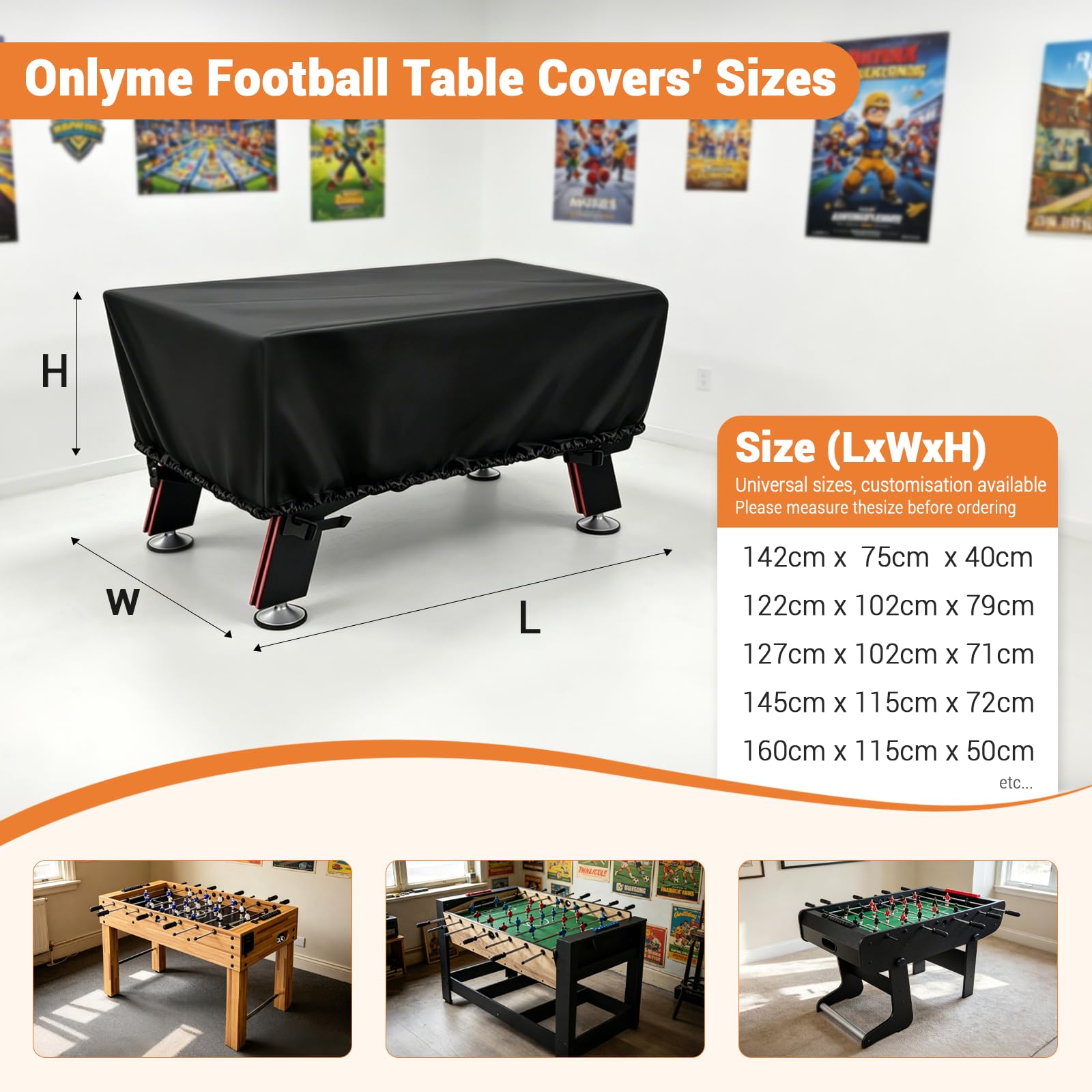 Onlyme – Housse de table de babyfoot imperméable pour adultes, résistante à la poussière, rectangulaire, noire, 145 x 115 x 72 cm