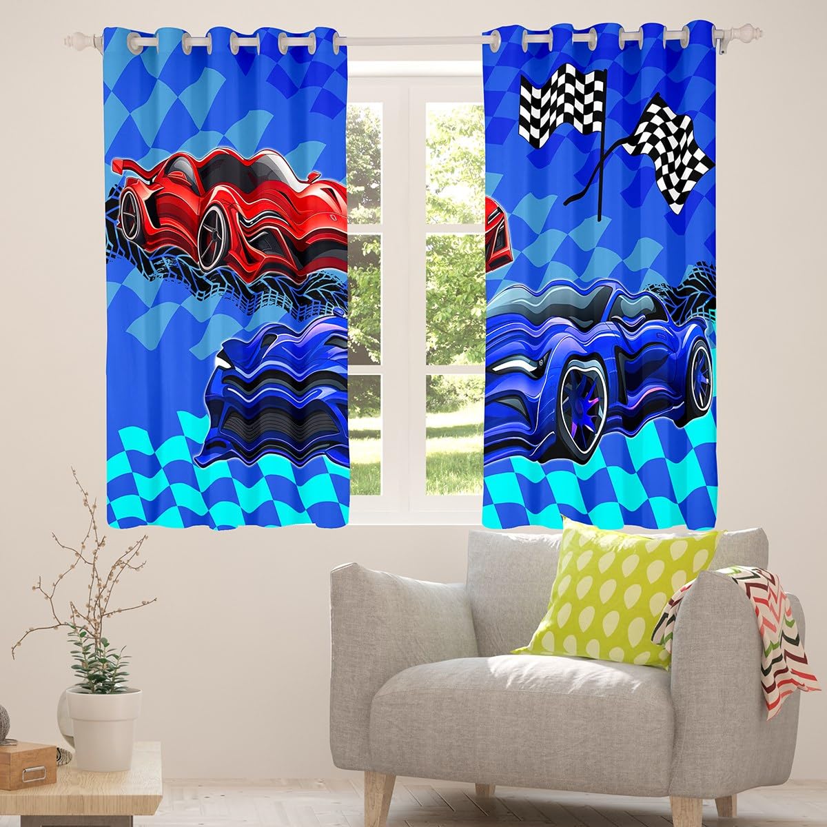 Sport Auto Kinder Fenster Vorhänge, Red Navy Racing Auto Speed Race Fenster Behandlungen, Blau Karierte Kunst Fenster Vorhänge für Home Decor, 2 Panels, L Größe,Guter Schattierungseffekt