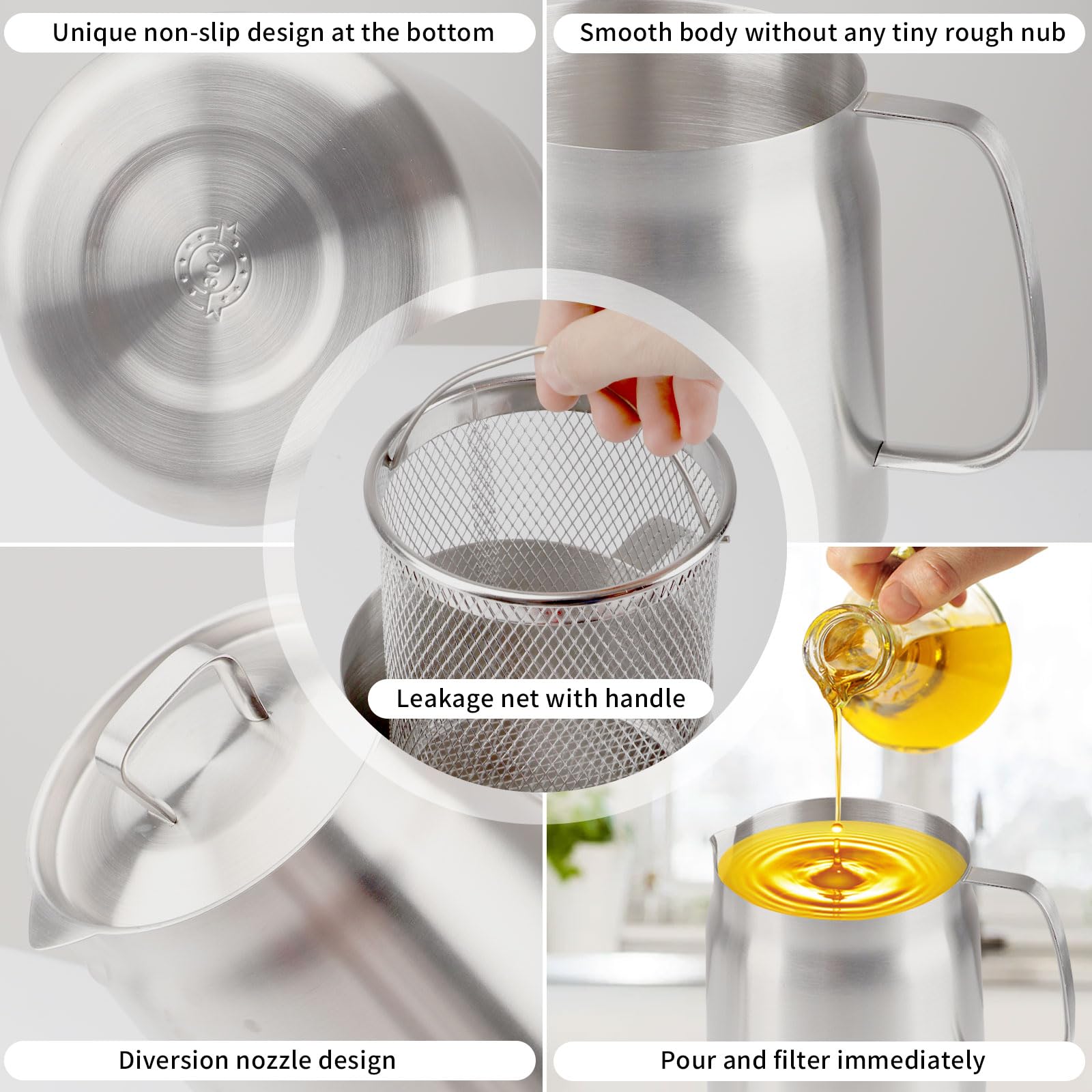 Pot Filtre Huile 2L Passoire à Huile BAODBF En Acier Inoxydable - Filtre à Huile De Cuisson 1,5L/2L - Récipient Multifonction Filtre Huile 1.5L