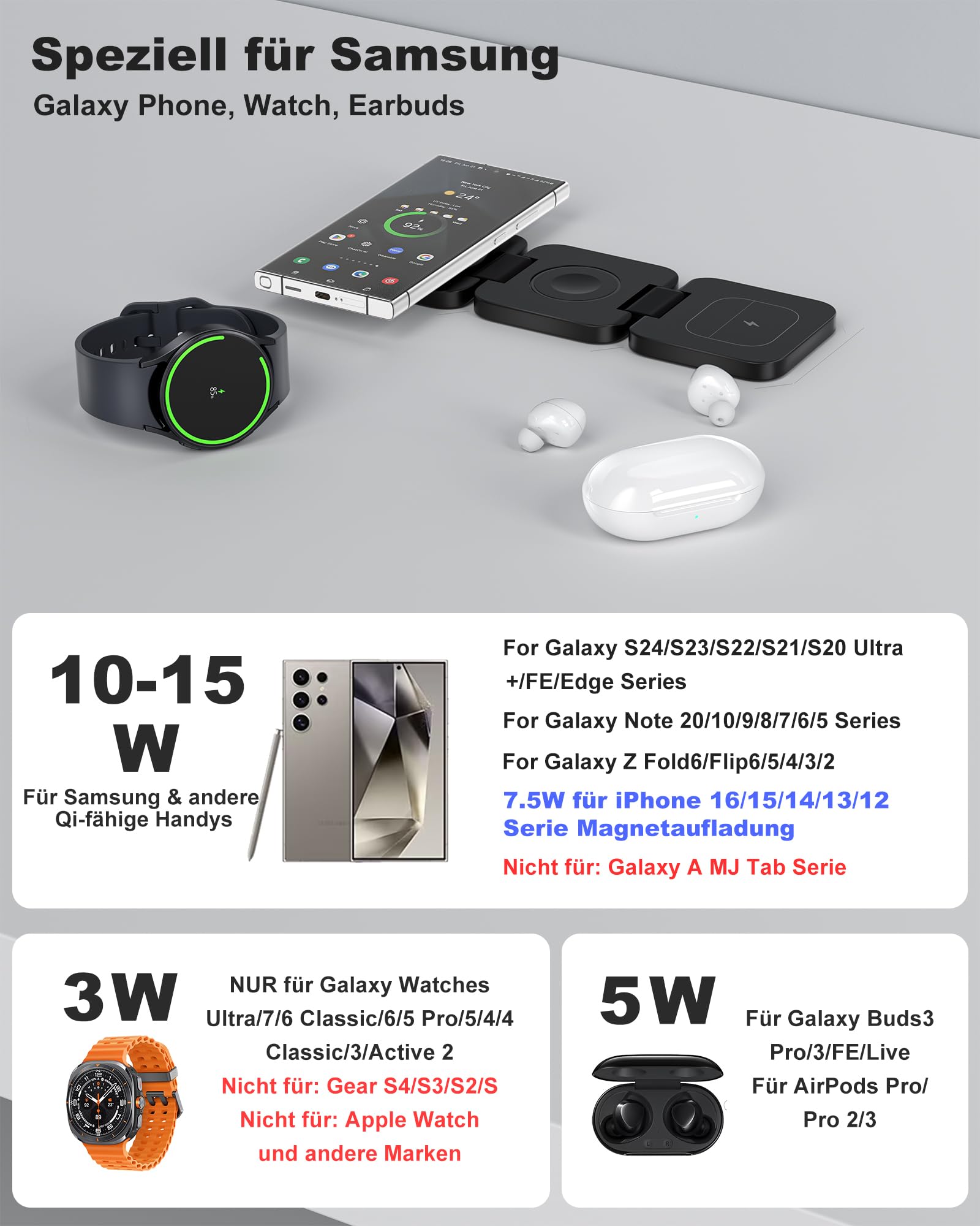 KU XIU X55 Induktive Ladestation für Samsung, 3 in 1 Wireless Charger für Samsung S25 Ultra S24 S23 Z Flip Fold, Kabellose Ladegerät Faltbare für Galaxy Watch 7 6 5 4 3 und Galaxy Buds