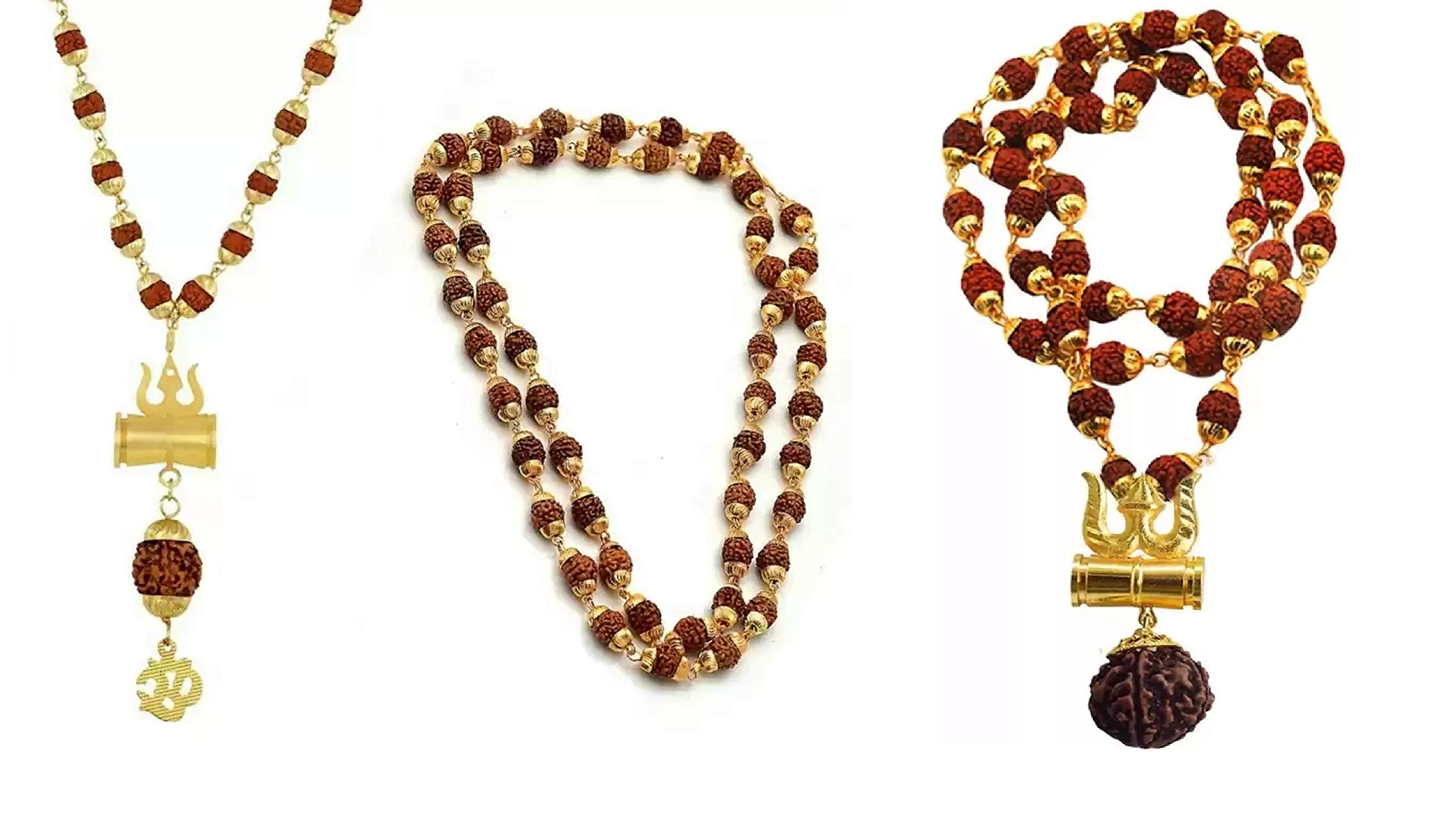 Combo of Rudraksha Shiva Om/Trishul/Damru, 45 Beads Golden Cap & Rudraksha Trishul Damru Mala for Men/Women-image-8