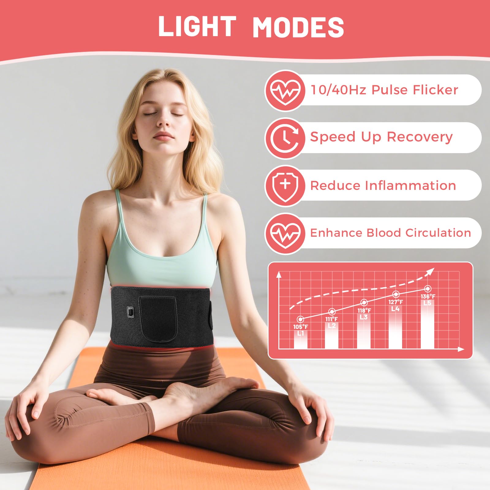 Ceinture à lumière rouge, 140 LED, ceinture lumineuse proche infrarouge, 660 nm et 850 nm avec réglages de minuterie, 5 modes d'éclairage pour le corps, les jambes, le dos, la taille, les