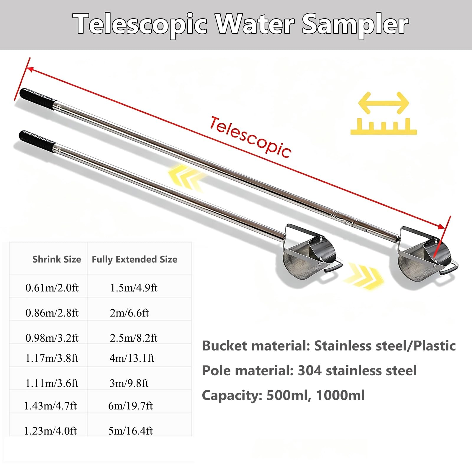 Bailer Campionatore Acqua, 500 Ml/1000 Ml Con Contenitore Di Raccolta | Attrezzo Prelievo Pozzo, Uso Industriale, Di Laboratorio E Fiume(1000ml,1.43-6.0m/4.7-19.7ft)