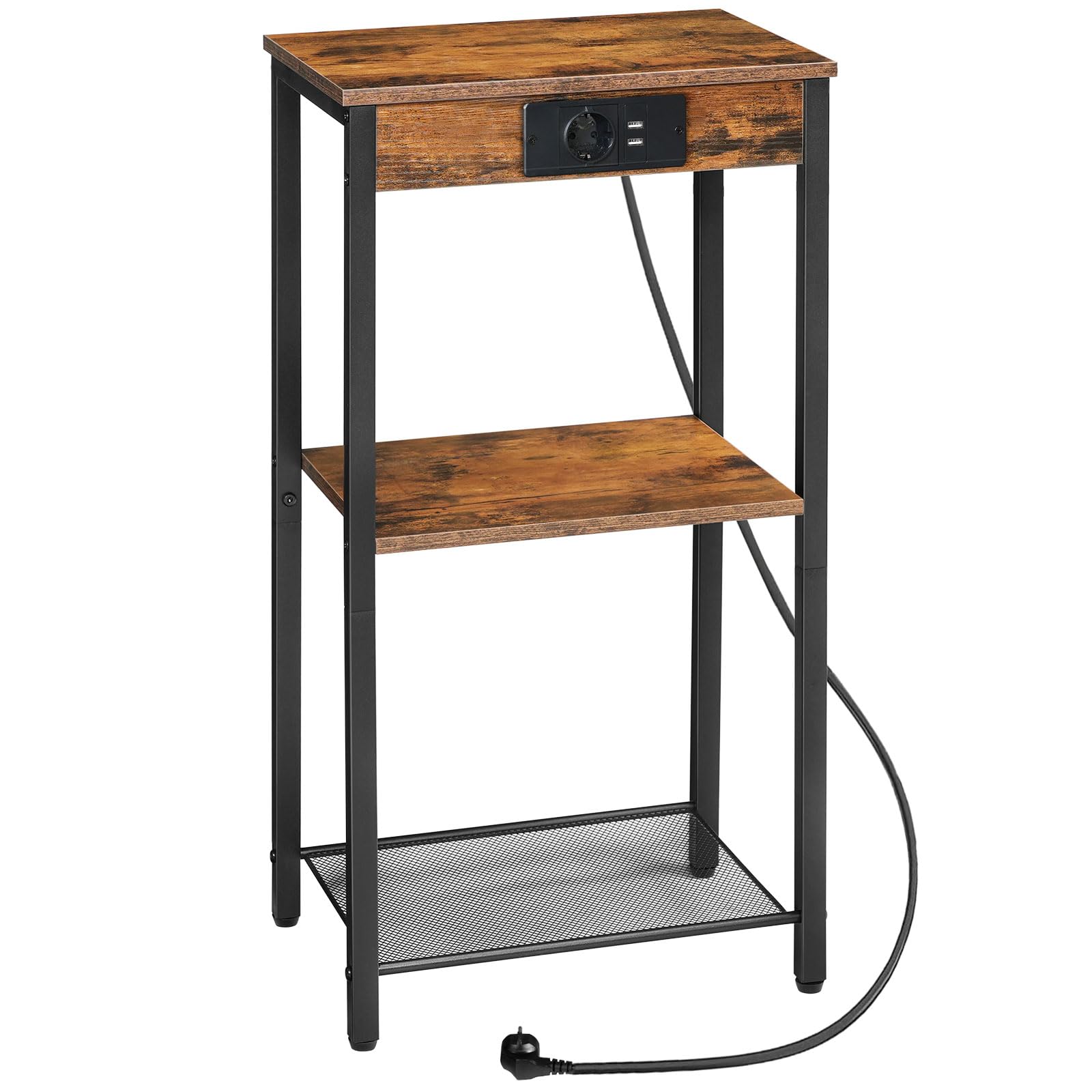 HOOBRO Mesa de Centro Alta con Base de Carga, Mesita Auxiliar de 75,5 cm, Mesa de Teléfono de 3 Estantes, Mesita de Entrada, Mesilla Alta de Noche, para Salón, Dormitorio, Marrón Vintage EBF09CDH01