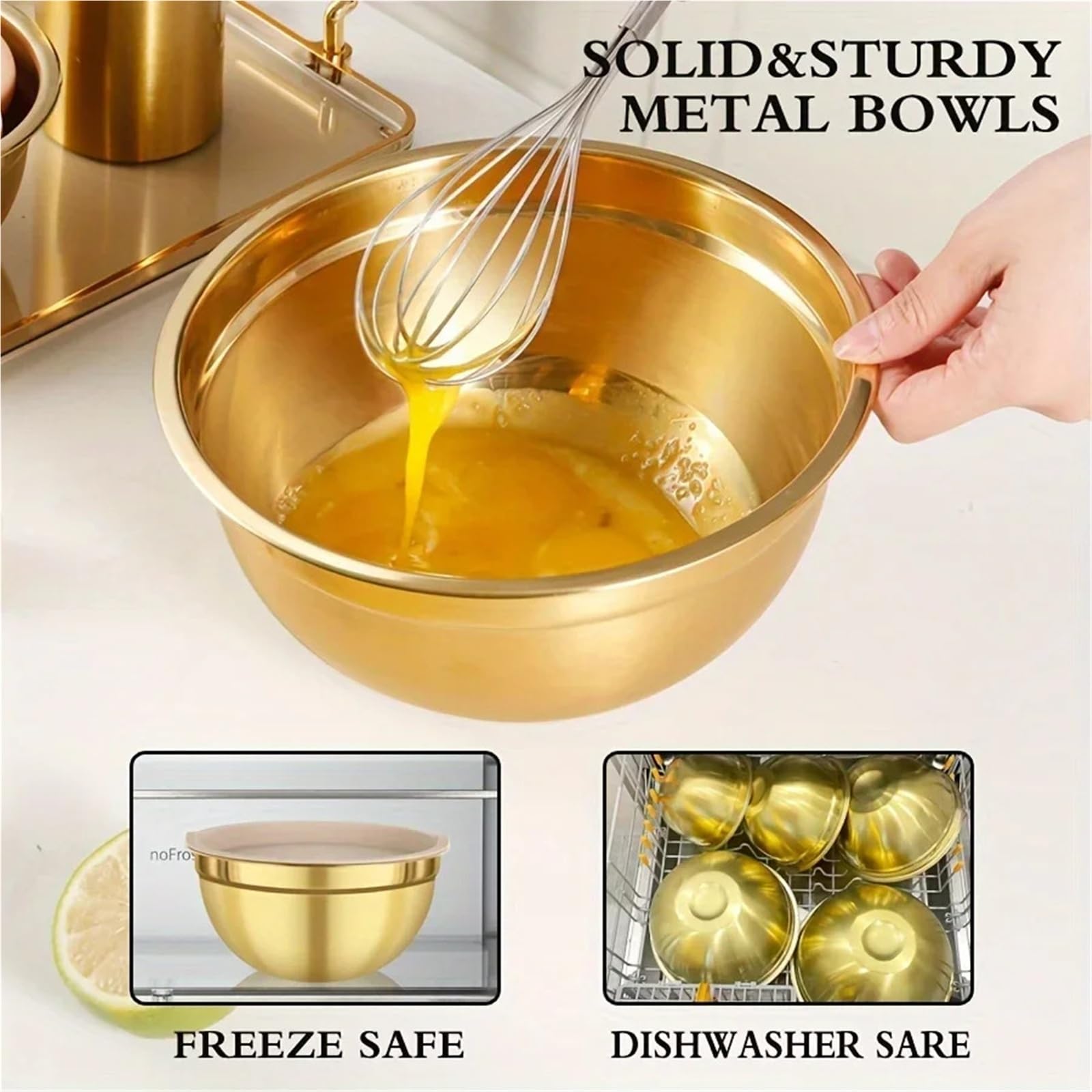 Tazón Para Mezclar Juego de tazones for mezclar acero inoxidable dorado | 10 piezas con sacapuntas de tapa for hornear ensalada de cocción