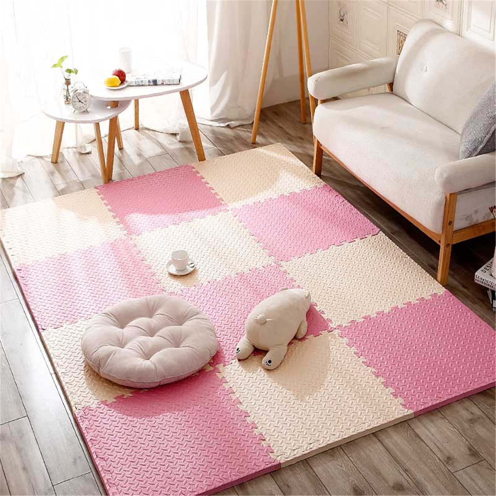 Tappetini da Gioco Puzzle Schiuma per Bambini, 30 x 30 x 2,5 cm Tappetino per Bambini ad Incastro Schiuma con Bordi per Camera dei Bambini Soggiorno Palestra Piscina,Beige + Pink,24